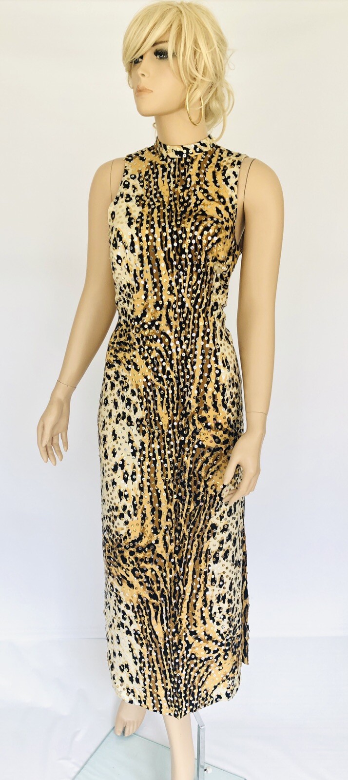 Leopard Sequined Dress Mollie Parnis DESIGNER Midi Long Leg Slit Shift Vintage