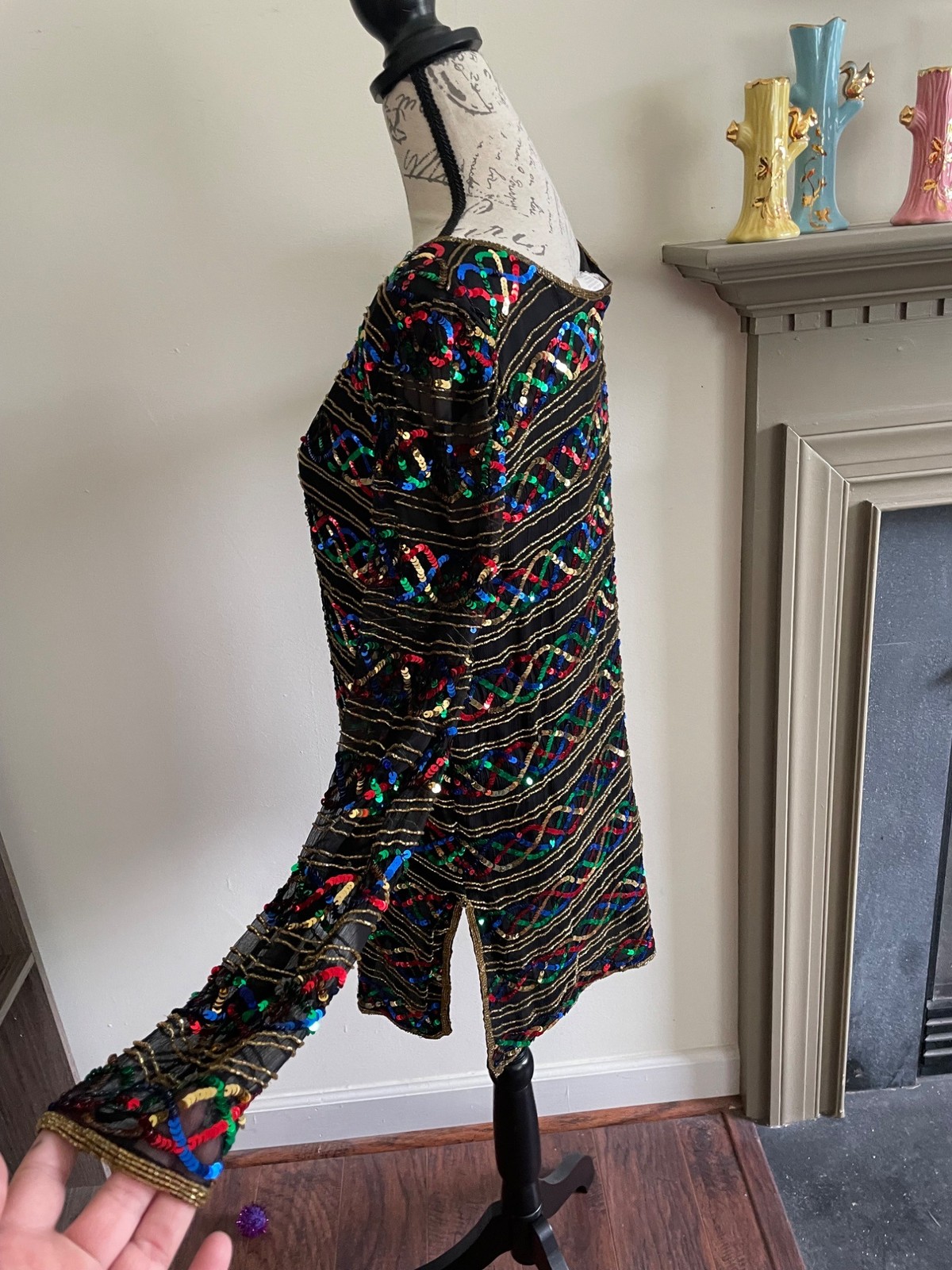 Vintage Stenay Silk Rainbow Sequin Shirt Scoop Neck Blouse Top Showgirl Sparkle