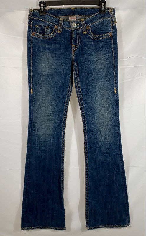 True Religion Women’s Blue Flare Jeans Distressed Made in USA Vintage Y2K Sz 29