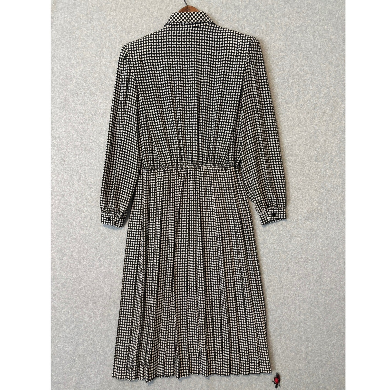 Vintage Leslie Fay Womens 16 Midi Dress Mod Black White Geometric Pleated Retro