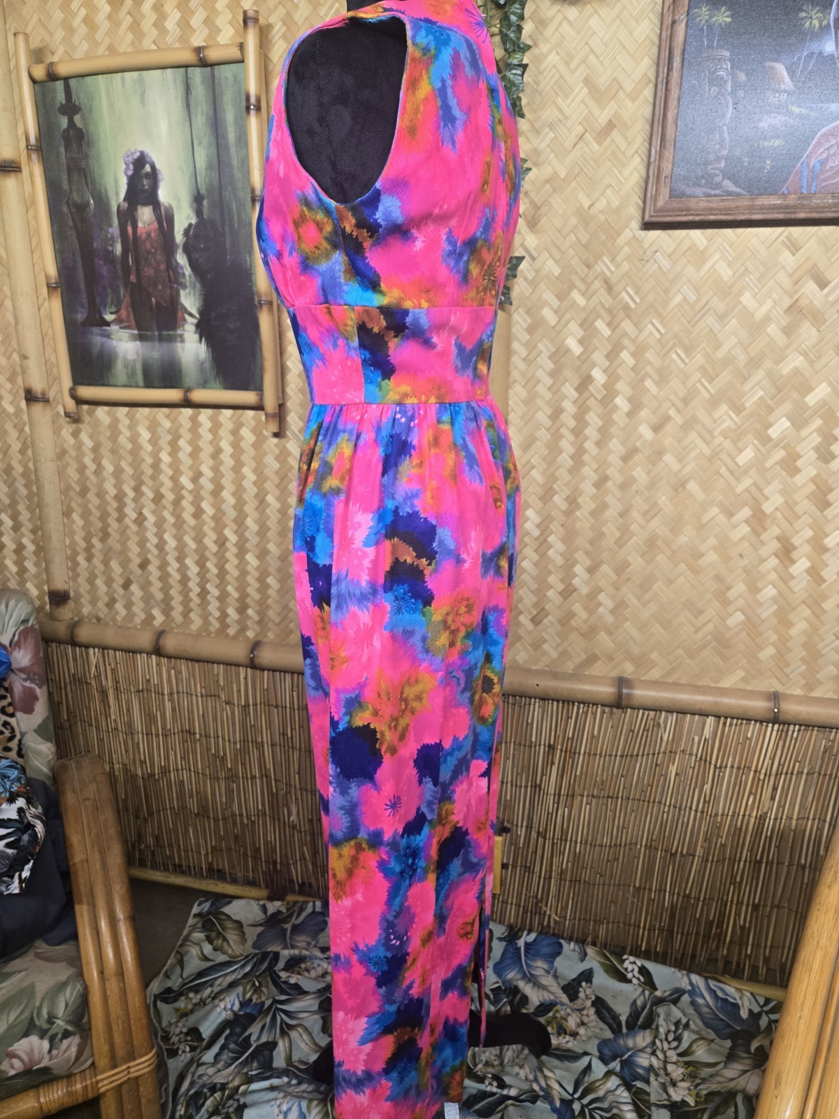 Vintage Gallant Of California Hawaiian Styled Barkcloth Maxi Aloha Dress w1155