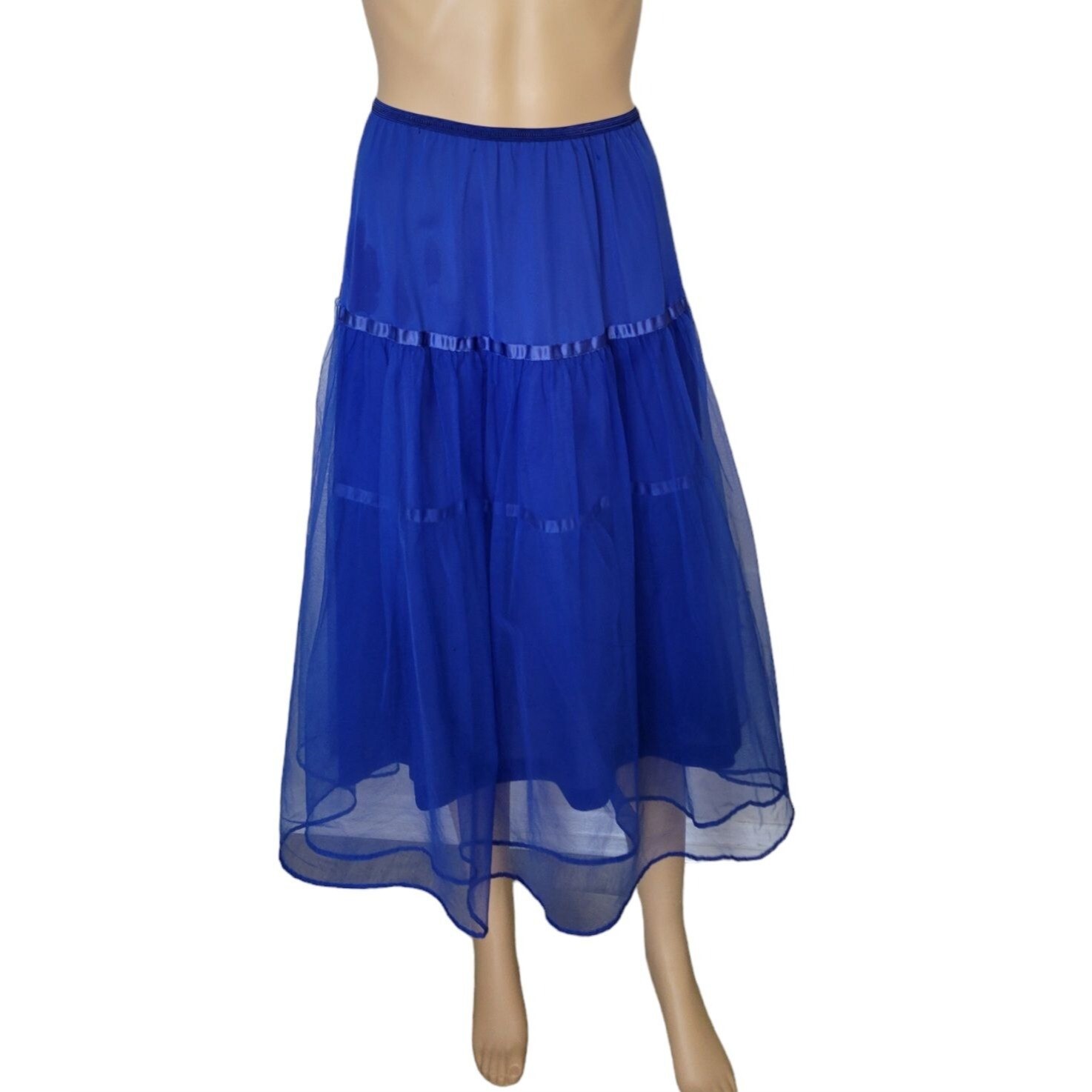 Vtg Blue Petticoat American Maid 3 Tiers Layers Nylon Chiffon Satin Trim Sz Sml
