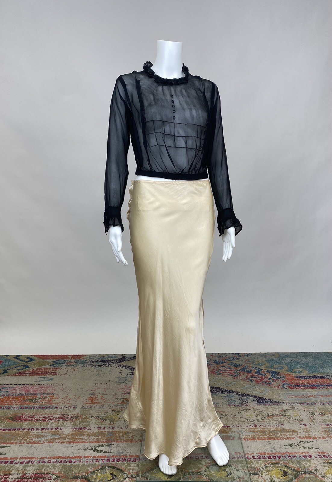 Antique Vintage 1930s Black Silk Chiffon Blouse with Black Beadwork AS IS