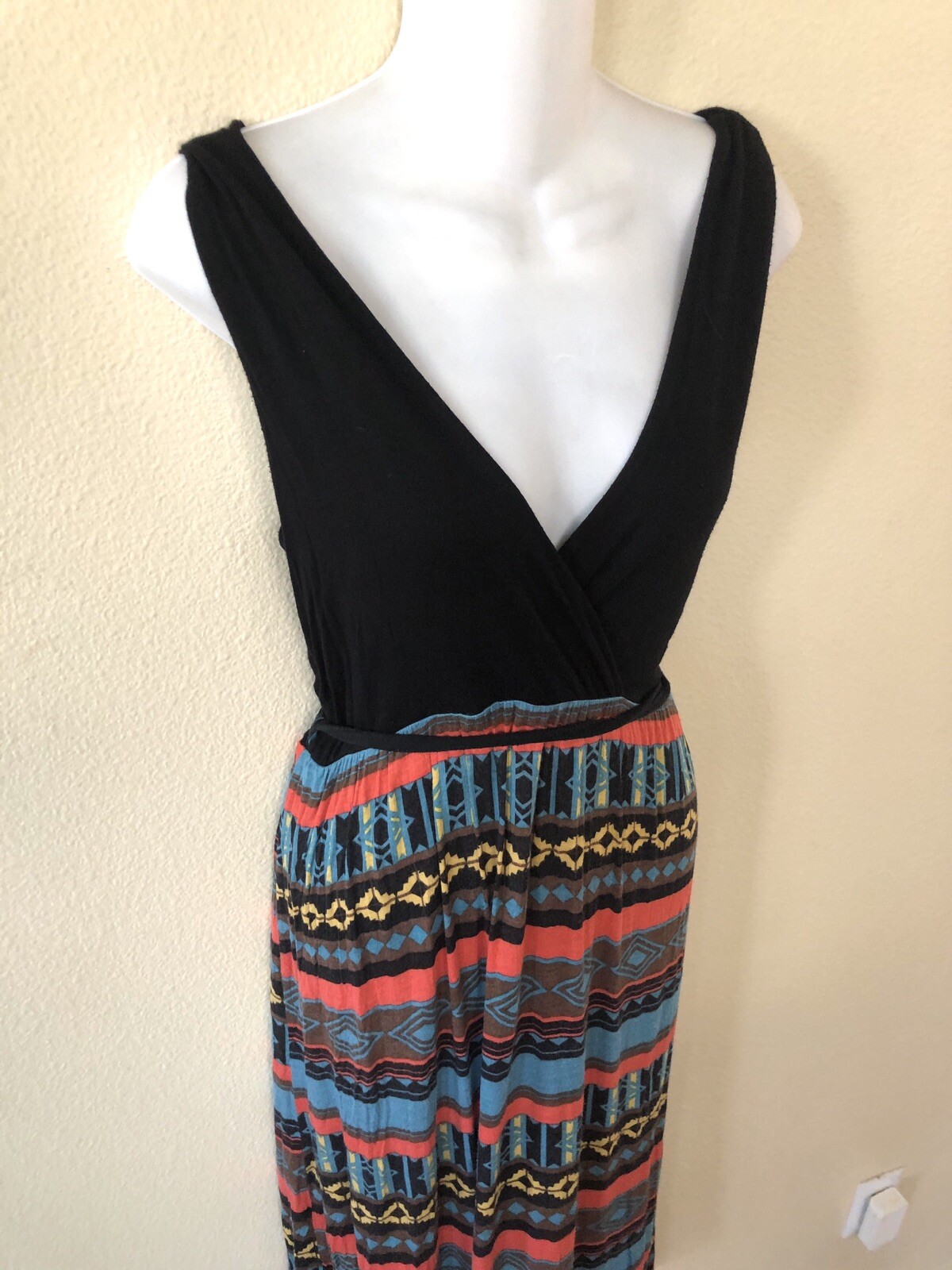 Y2K Vintage Papaya Boho Fairy Grunge Halter Top Maxi Dress Aztec Print Black M