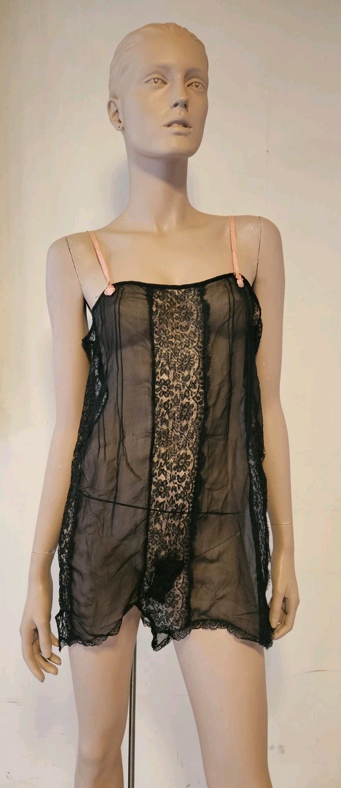 Rare Vintage 1920s Black Silk Chiffon & Lace Teddy with Pink Roses & Straps