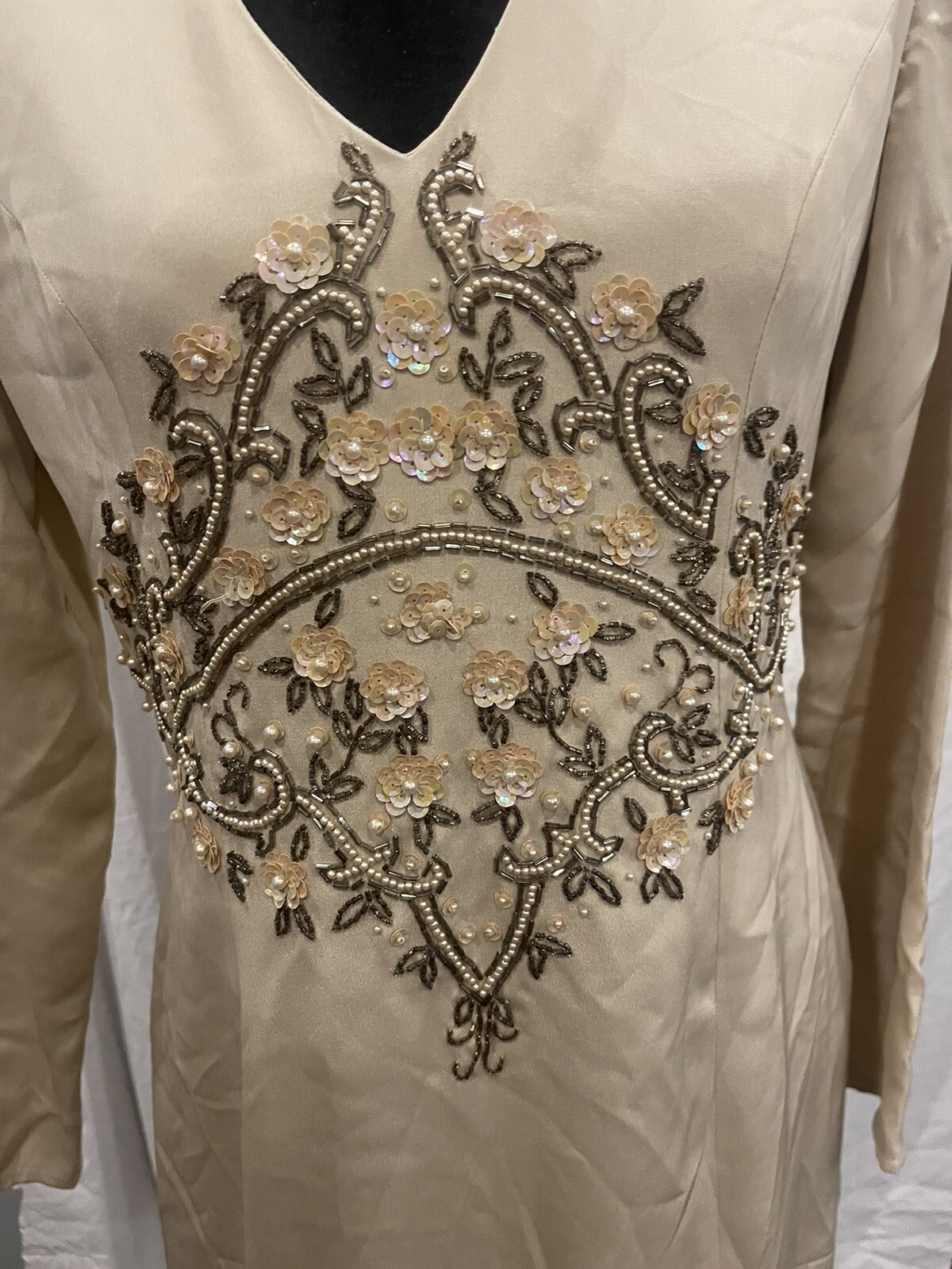 Vintage Niteline by Della Roufogali Gold Sequined Beaded Long 80s Dress Silk 10