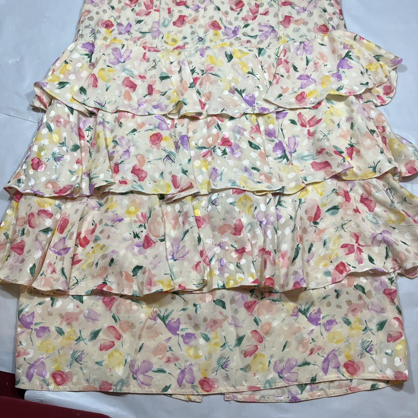 Floral SILK TIERED RUFFLES DRESS WHIMSY Fairy COQUETTE prairie Yellow Pink Sz 14