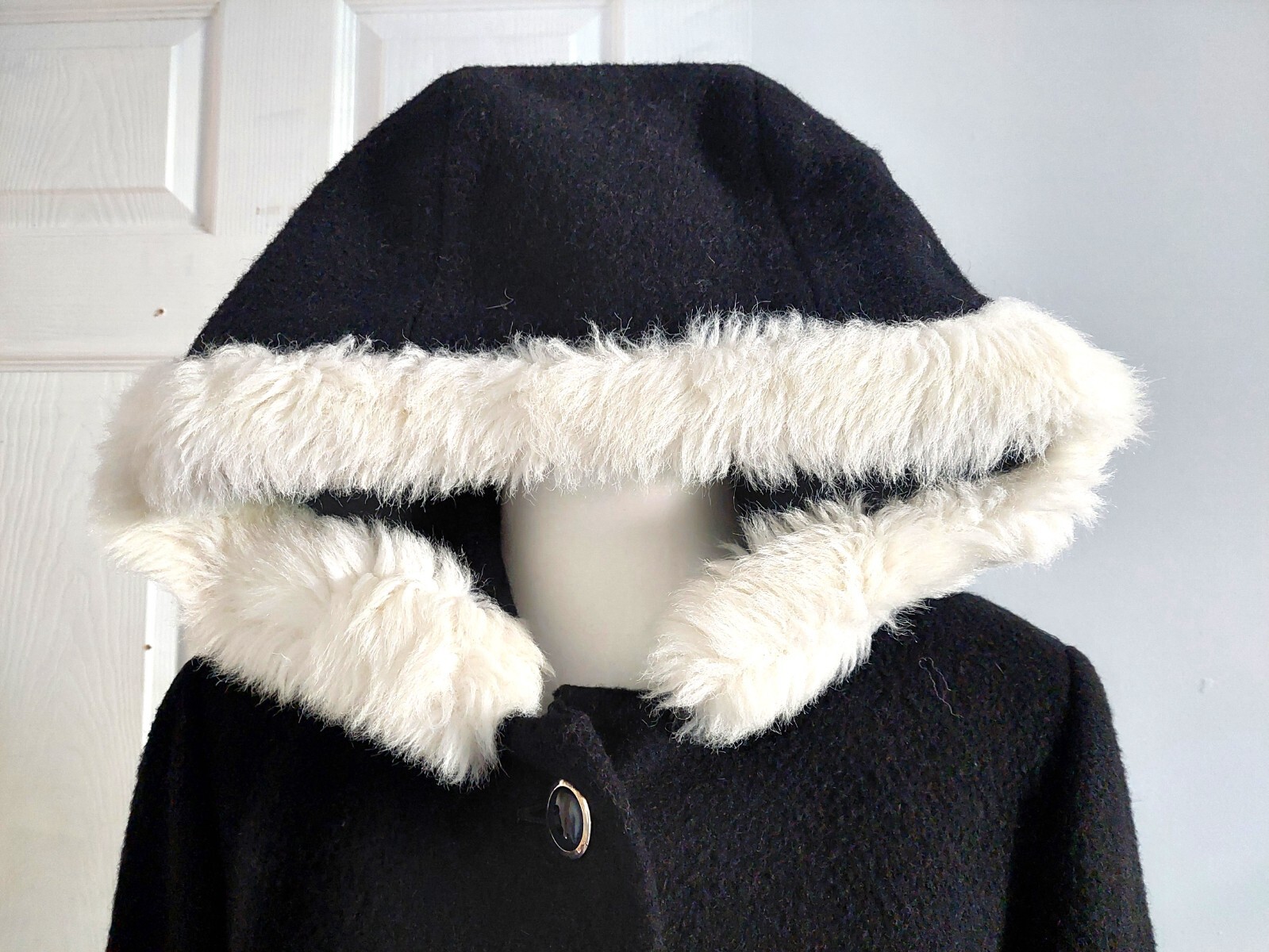 Vtg Wolfstaedter 1960’s Black Faux Fur Trim Swing Coat L Wool Lined MCM