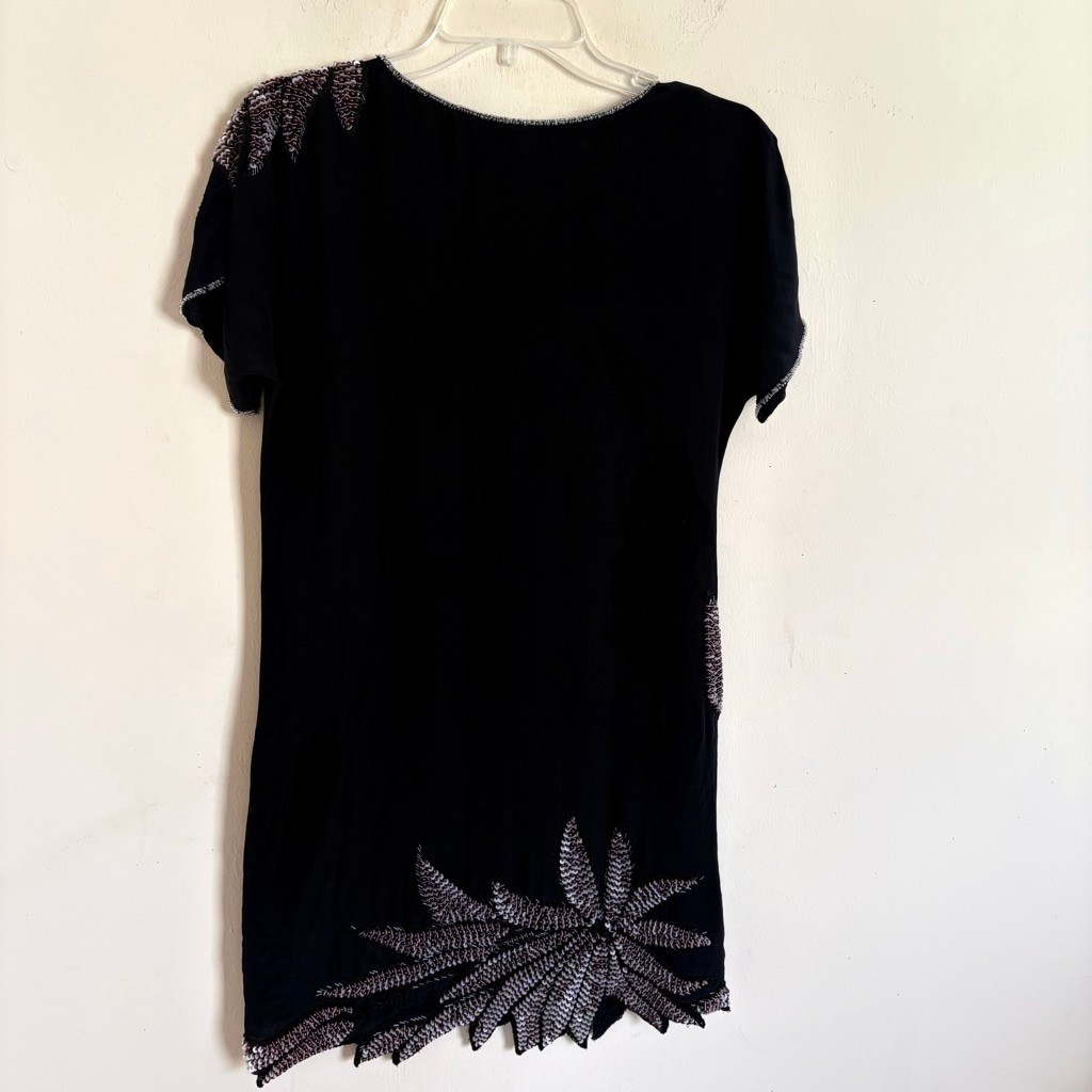 Beyond Vintage Silk Beaded Leaf Mini Dress Black XS Style 347
