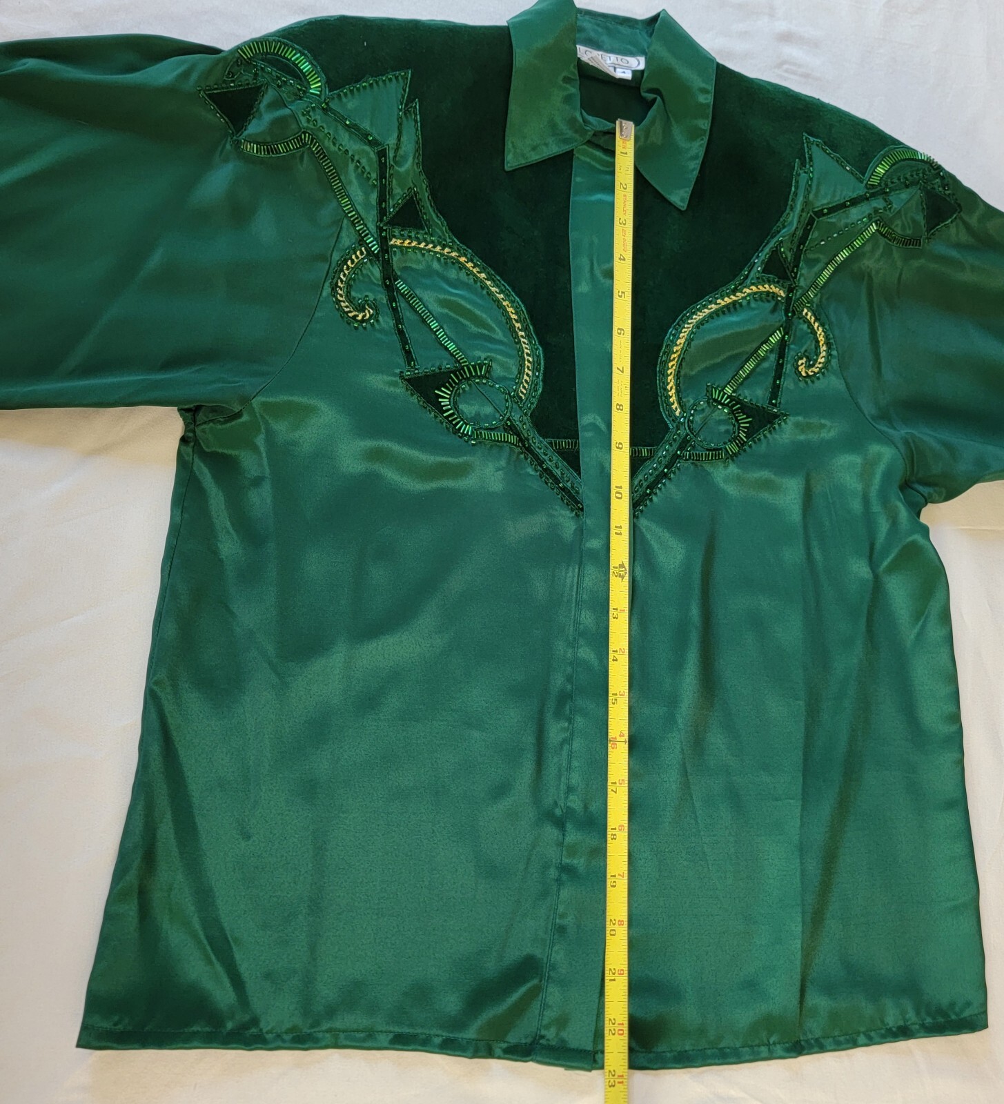VTG Western Cowgirl Rodeo Baroque Sequin Suede Beaded Embroidery Blouse Green M