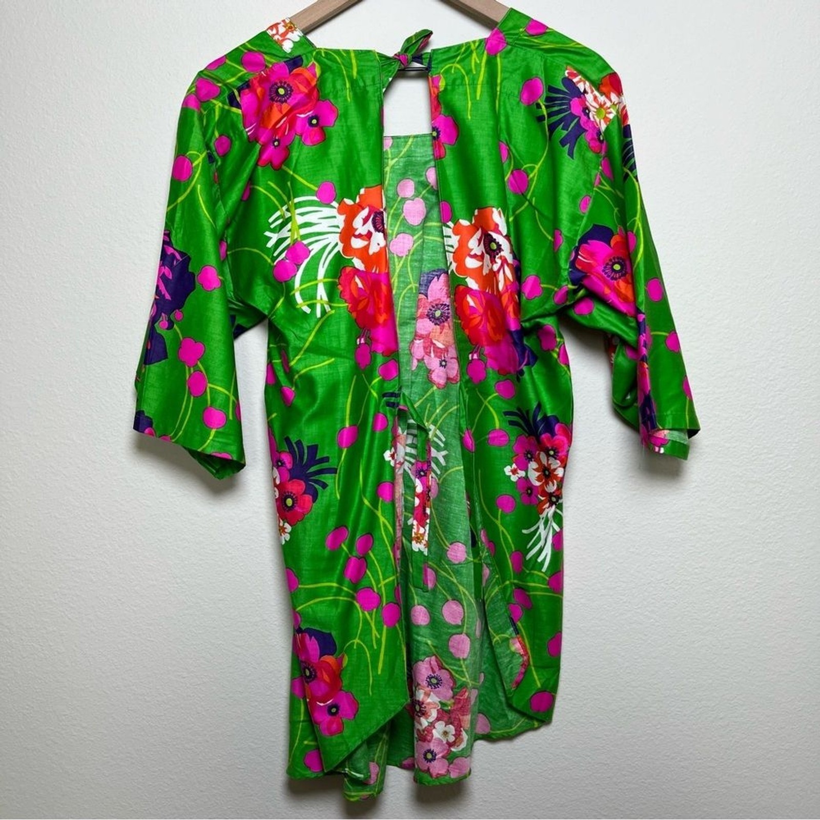 Design House Womens Cotton Tunic Dress One Size Green Floral Vintage Mod Japan