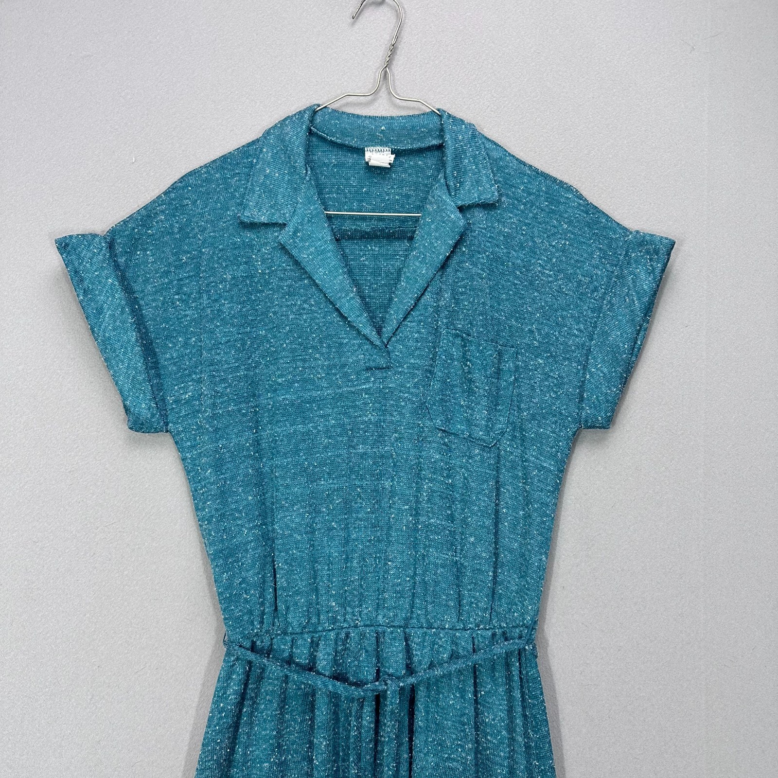 Vintage Dress Womens 13 Blue 70s 60s Short Sleeve Collared Elastic Waist Belted