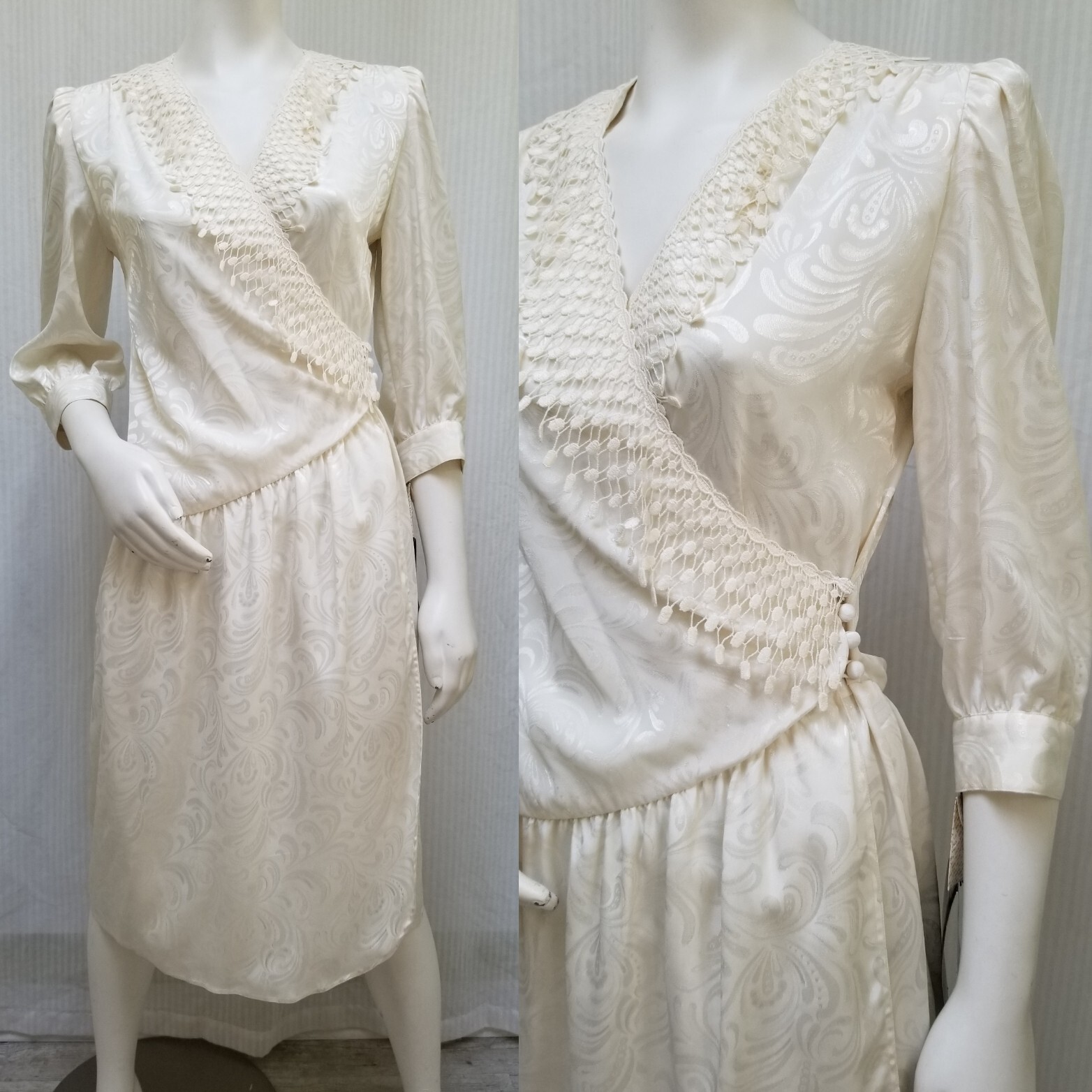 New w/ Tags Vintage 80/90s BILLY JACK FOR HER Ivory Jacquard Wrap DRESS – Size S