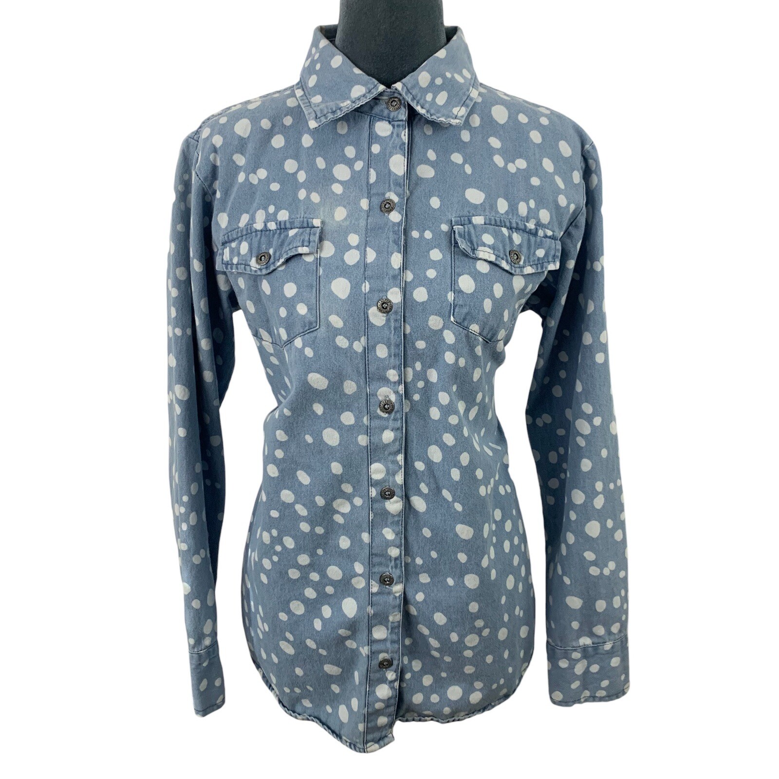 Vintage 90s Keren Hart Womens Medium Light Wash Denim Shirt White Polka Dot