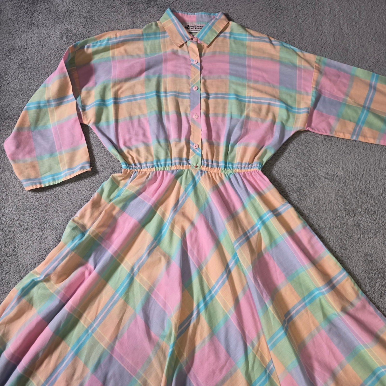 The American Shirt Dress Womens M Pastel Plaid Button Front Elastic Waist Pocket