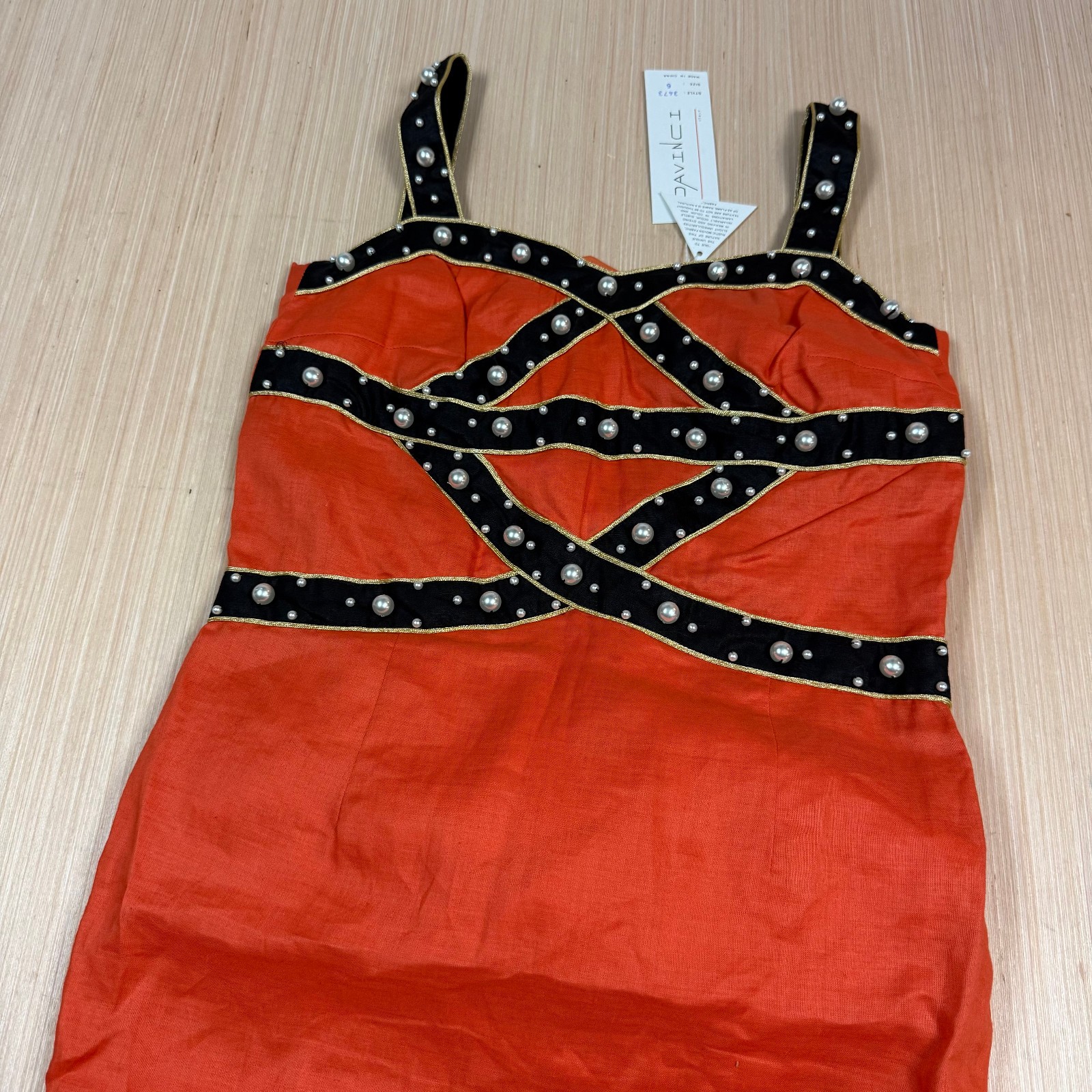 80s 90s Vintage Davinci Midi Dress Pearls Orange Black size 6 Party Festival