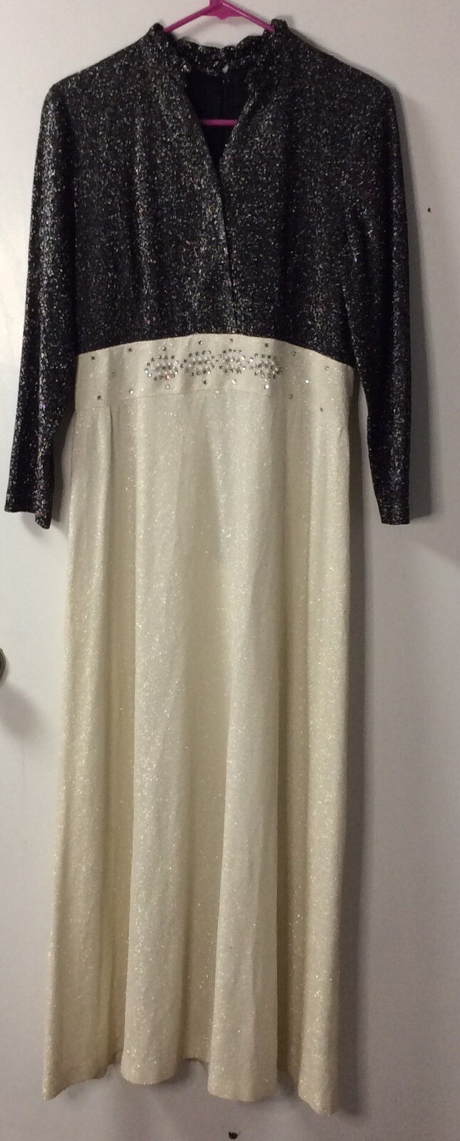 Vtg 70s Metallic Mod Maxi Go Go Dress Rhinestone Pearls Cream Black Disco Sz S