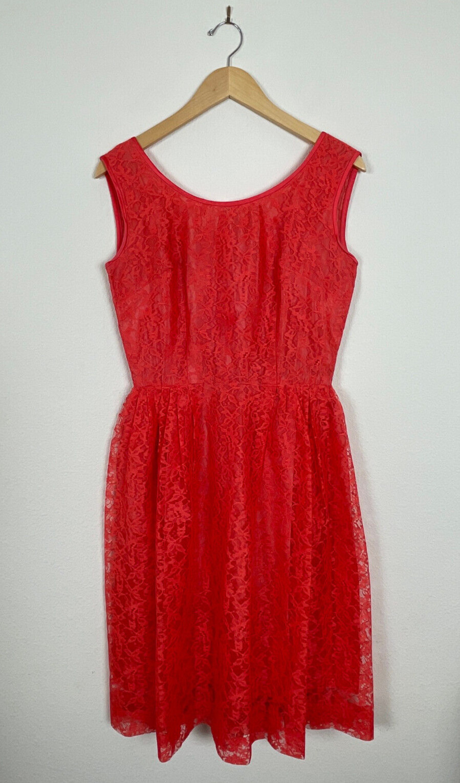 Vtg 50s CORAL LACE Dress J. Harlan Rockabilly Pinup Red Party Sheer Sexy 1950s