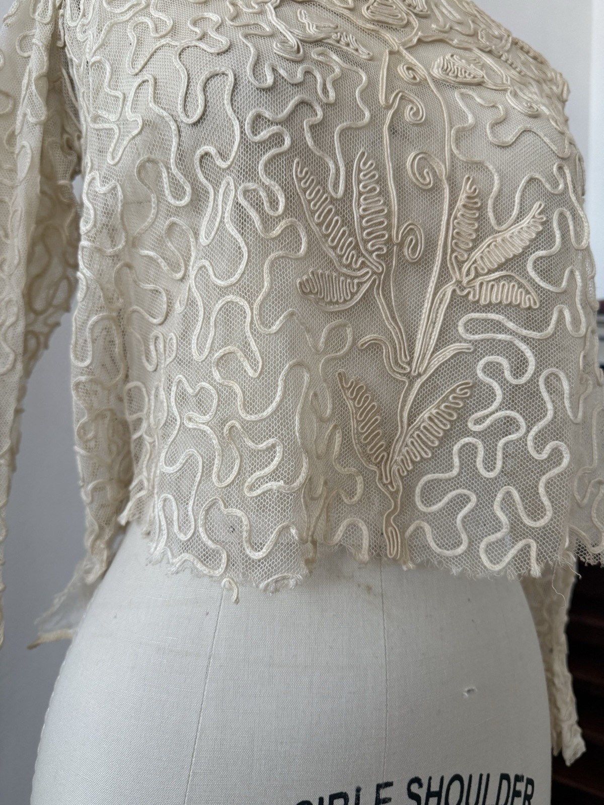 Antique Sheer Net Lace Blouse Top Cord Soutache Embroidery Art Nouveau Bridal XS