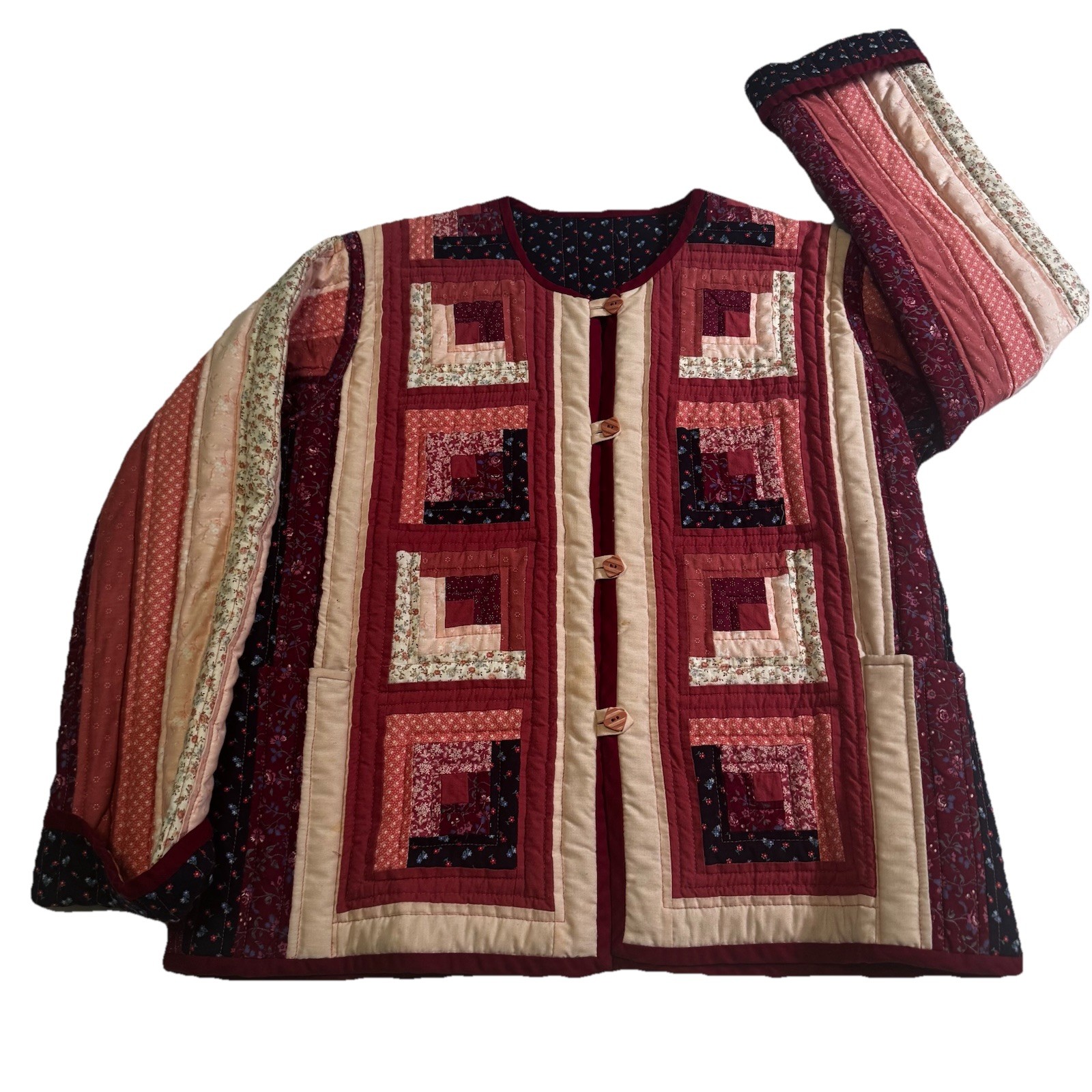 VTG 70s Handmade Patchwork Jacket L Quilted Boho Hippie Log Cabin Mauve & Navy