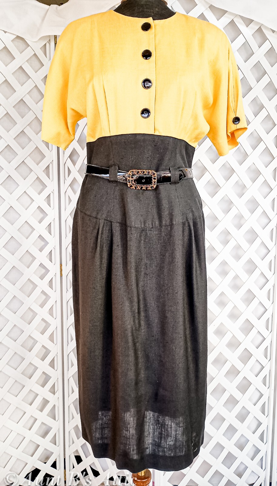 Vintage 80’s Dress Kasper For ASL Yell/Blk Linen Sheath Style Belted Dress 6/7