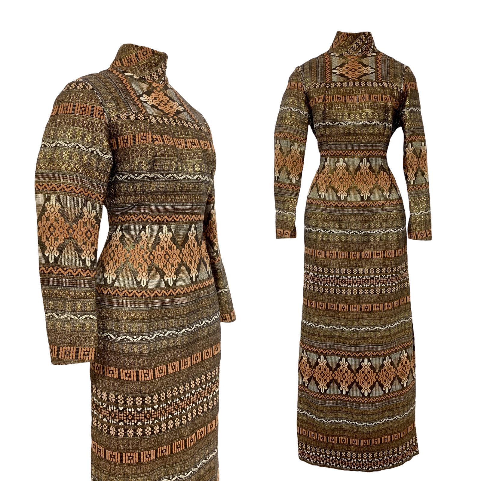 Vtg Vintage 1970s 70s Woven Metallic Geometric Textile Ethnic French Lady Dress