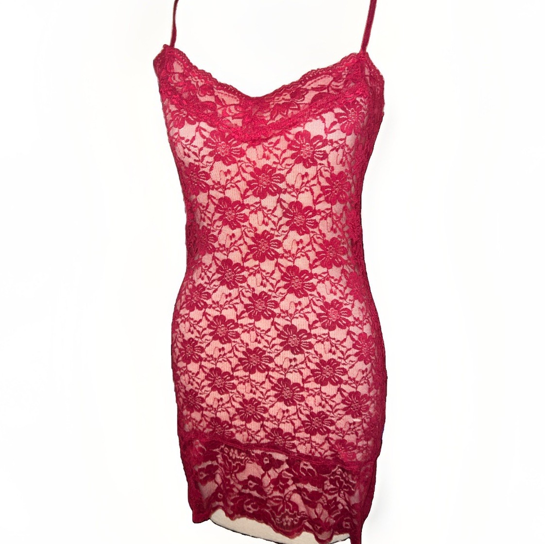 Y2K Zenana Outfitters Lace Cami Tank Top Women L Burgundy Sheer Stretch Coquette