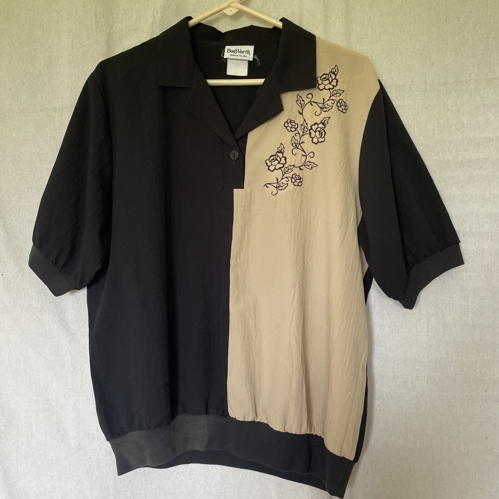 VTG Bon Worth Women’s M Blouson Top Banded Hem And Sleeves Black Tan Made In USA