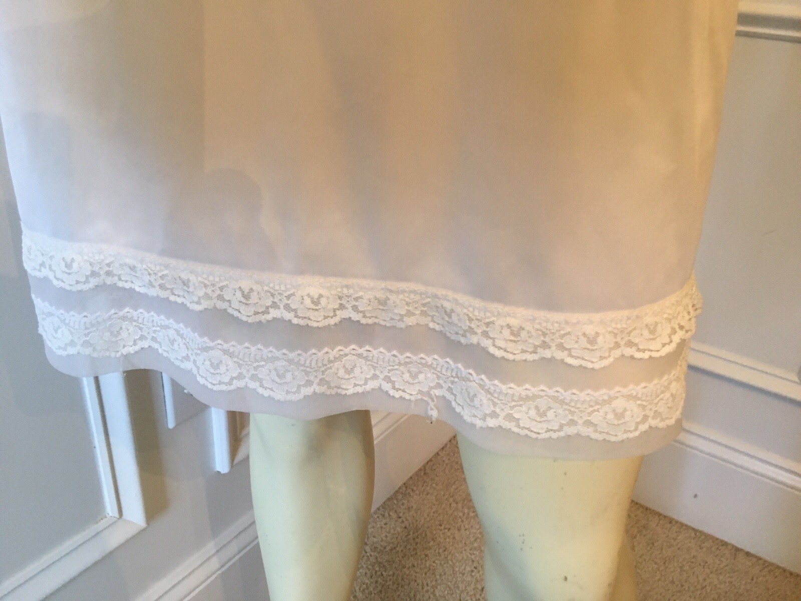 Sliperfection WN SZ 38 WHITE NYLON FULL SLIP 35” Long Sheer Nylon Cup With Lace