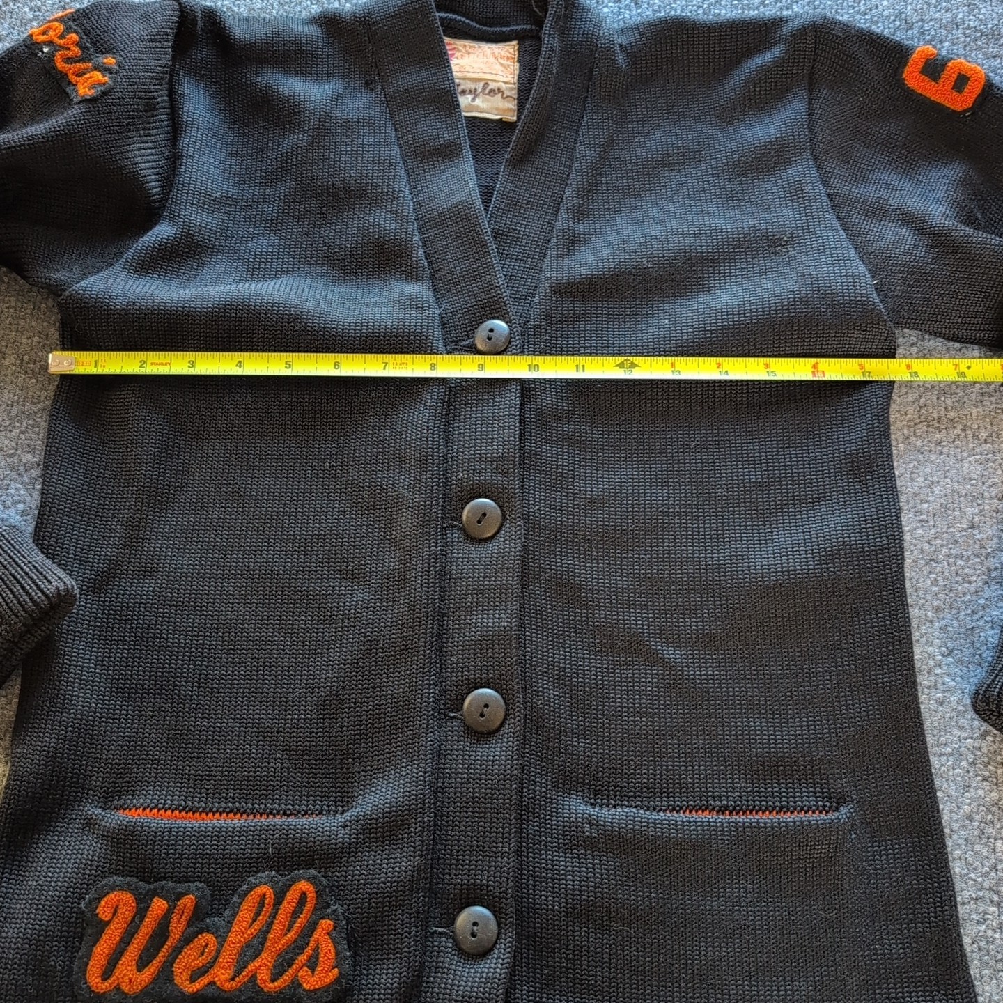 Vintage Varsity Letterman Sweater Black Orange Gloria Wells NV Womens Med 50/60s