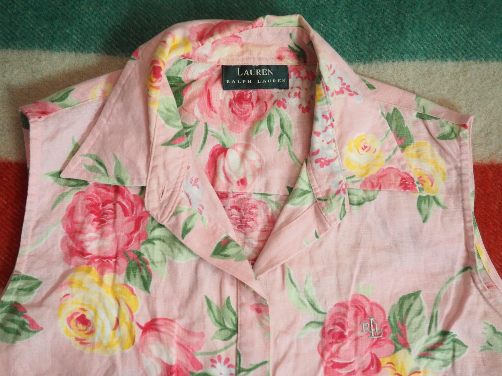 VTG Y2k 2000s Lauren Ralph LRL Linen Floral Summer Boho Tie Button Shirt Women L
