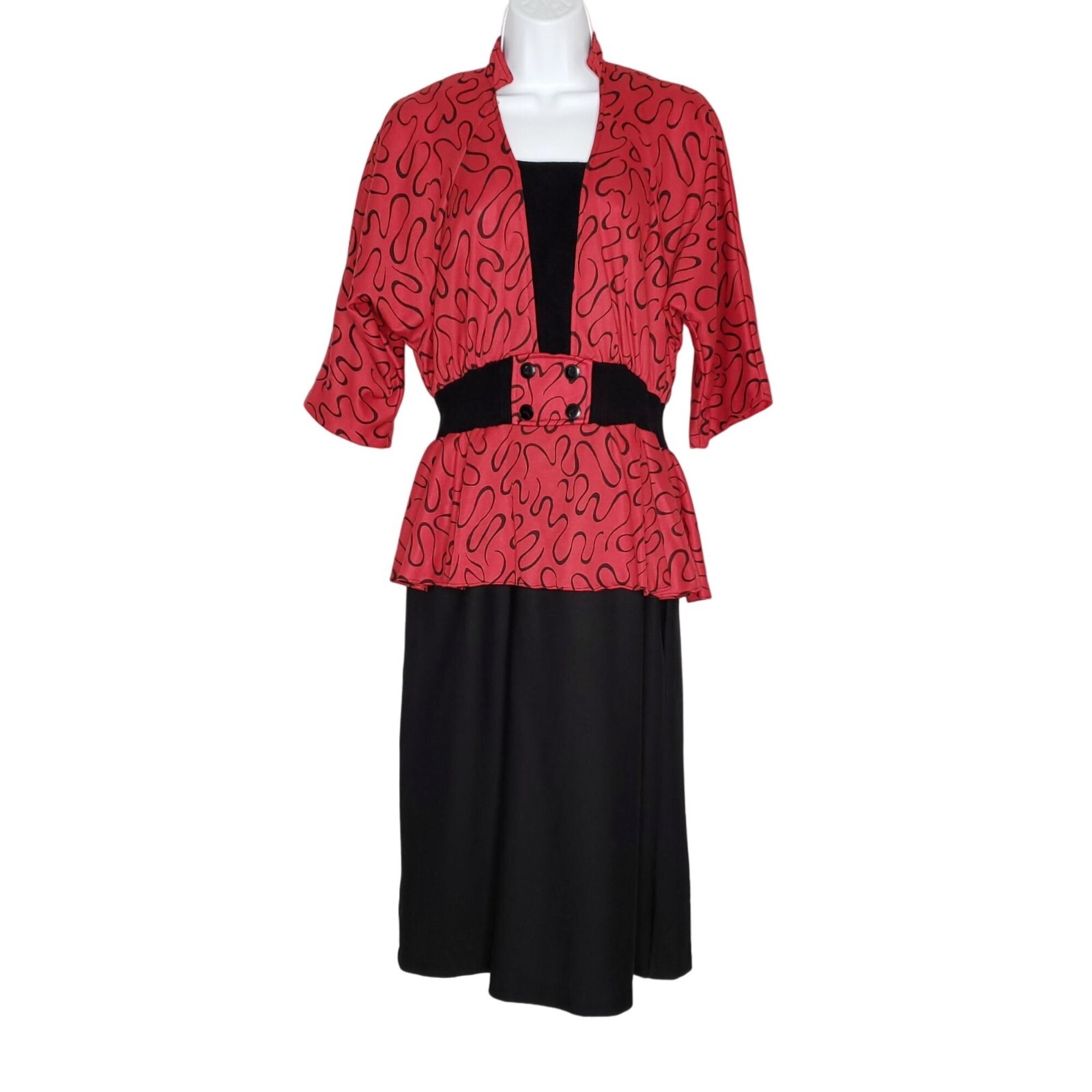 Vintage 80s Peplum Straight Secretary Dress L Red Black Dolman 1/2 Sleeve