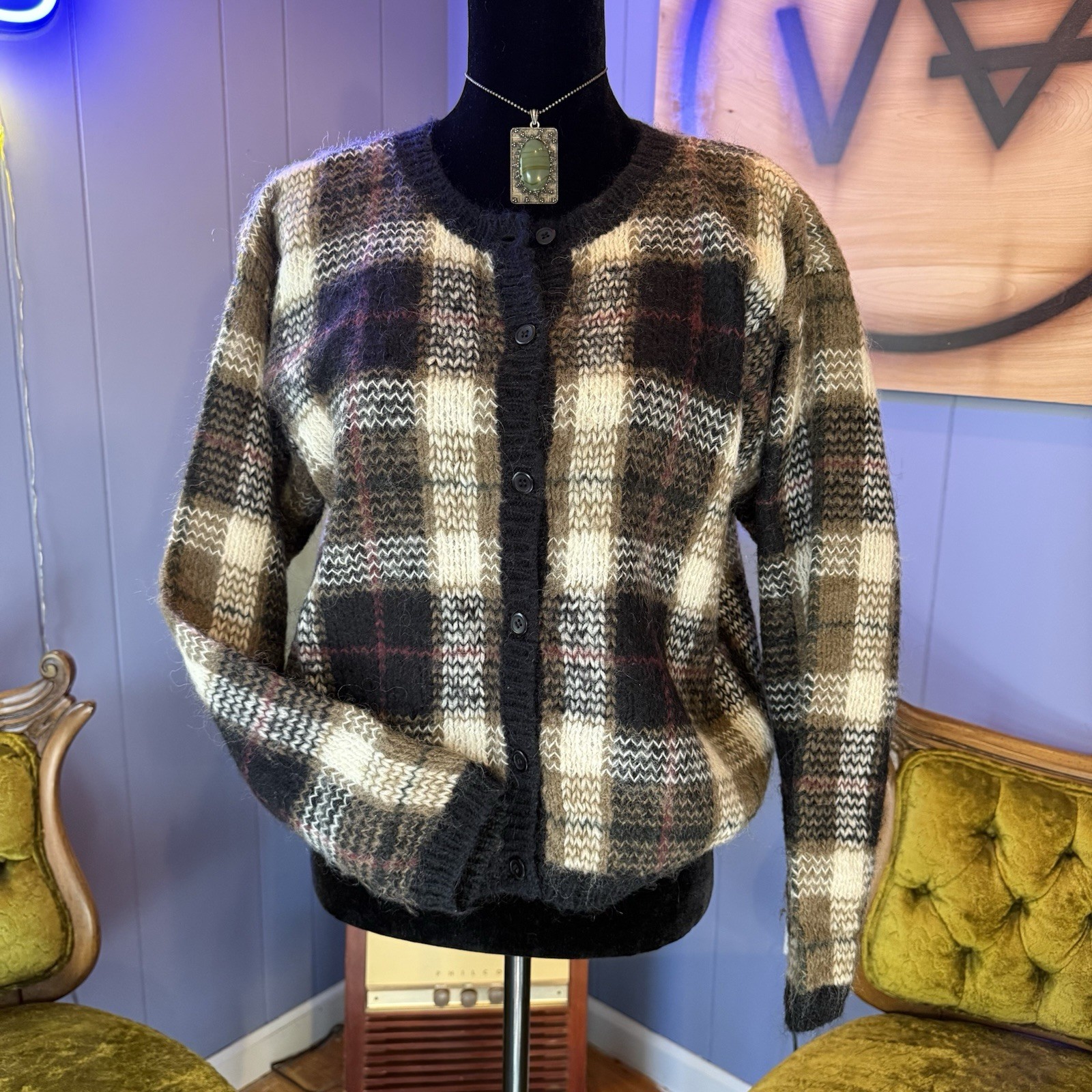 Vintage 90s Paul Harris Design Mohair Tartan Plaid Cardigan Size M