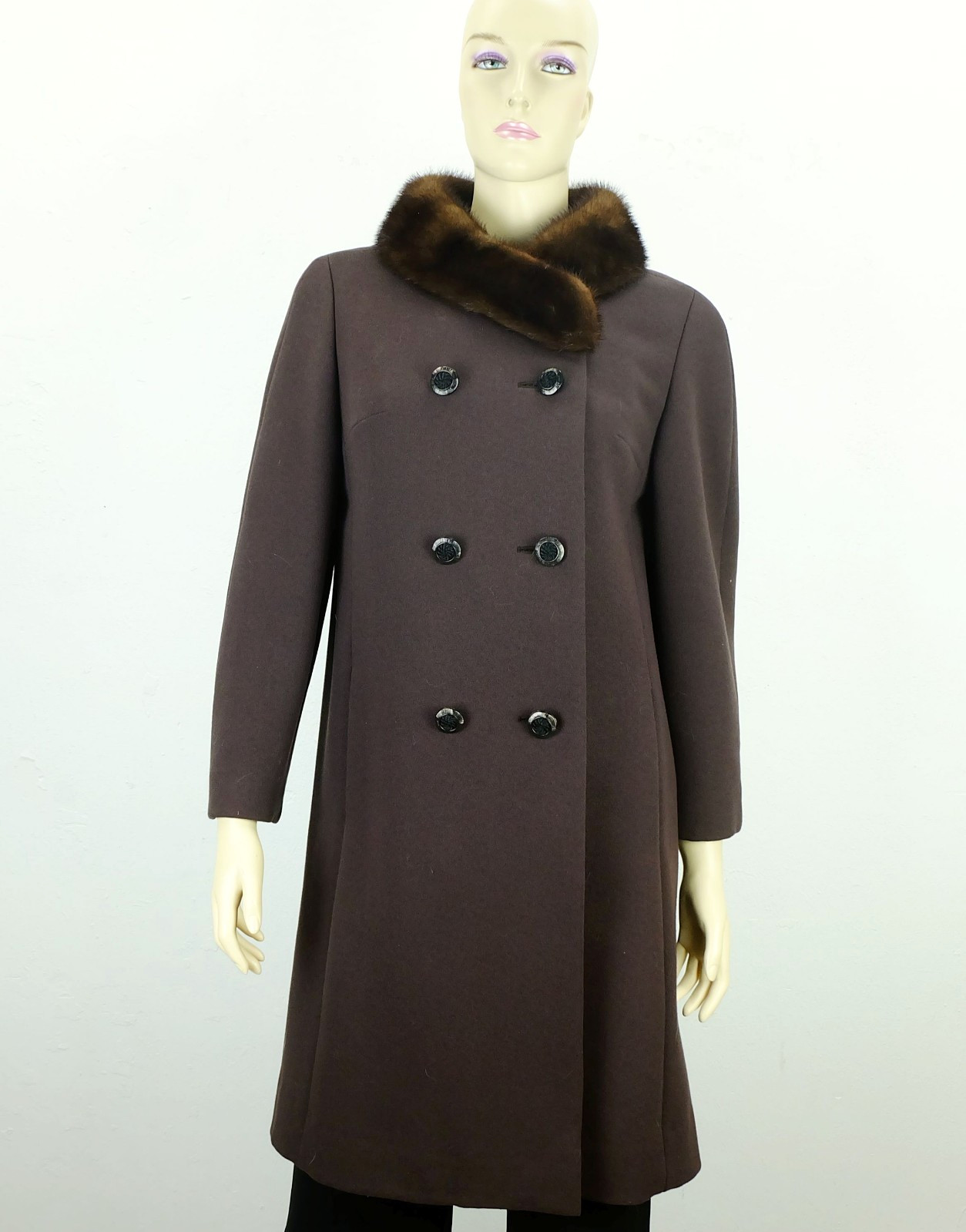 1960s COAT Del Mod International Brown Wool Fabric Mink Collar Size 38