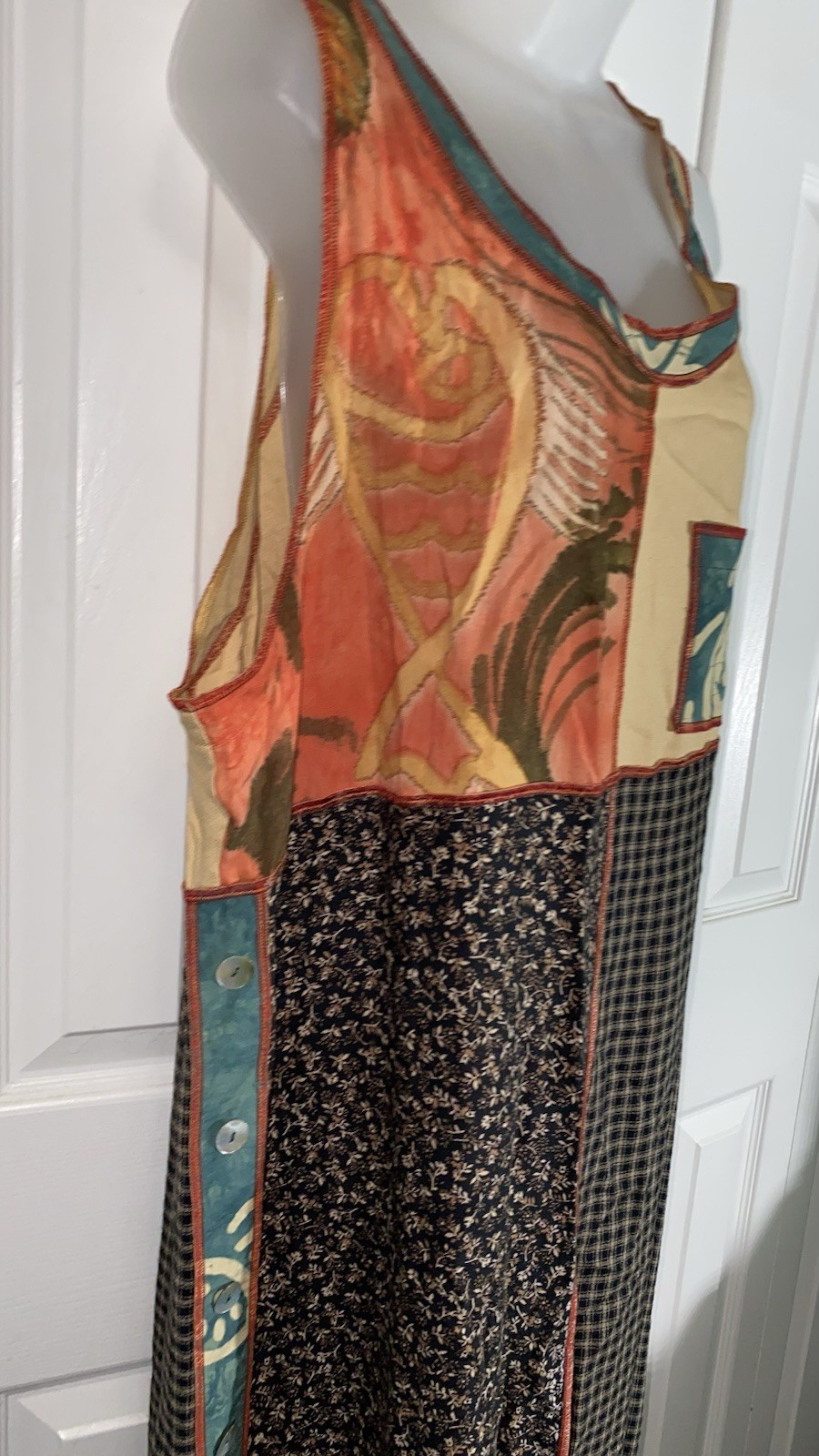 Vintage FAITH 90’s Boho Patchwork Sleeveless Dress L Rayon Art To Wear Maxi AA21