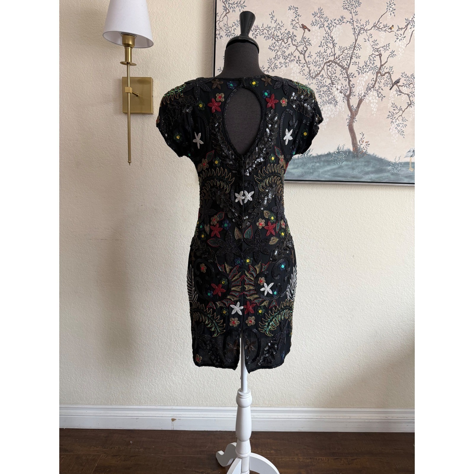 Pure Allure whimsical fairy Vintage Beaded Silk Mini Dress Black Floral Sequin