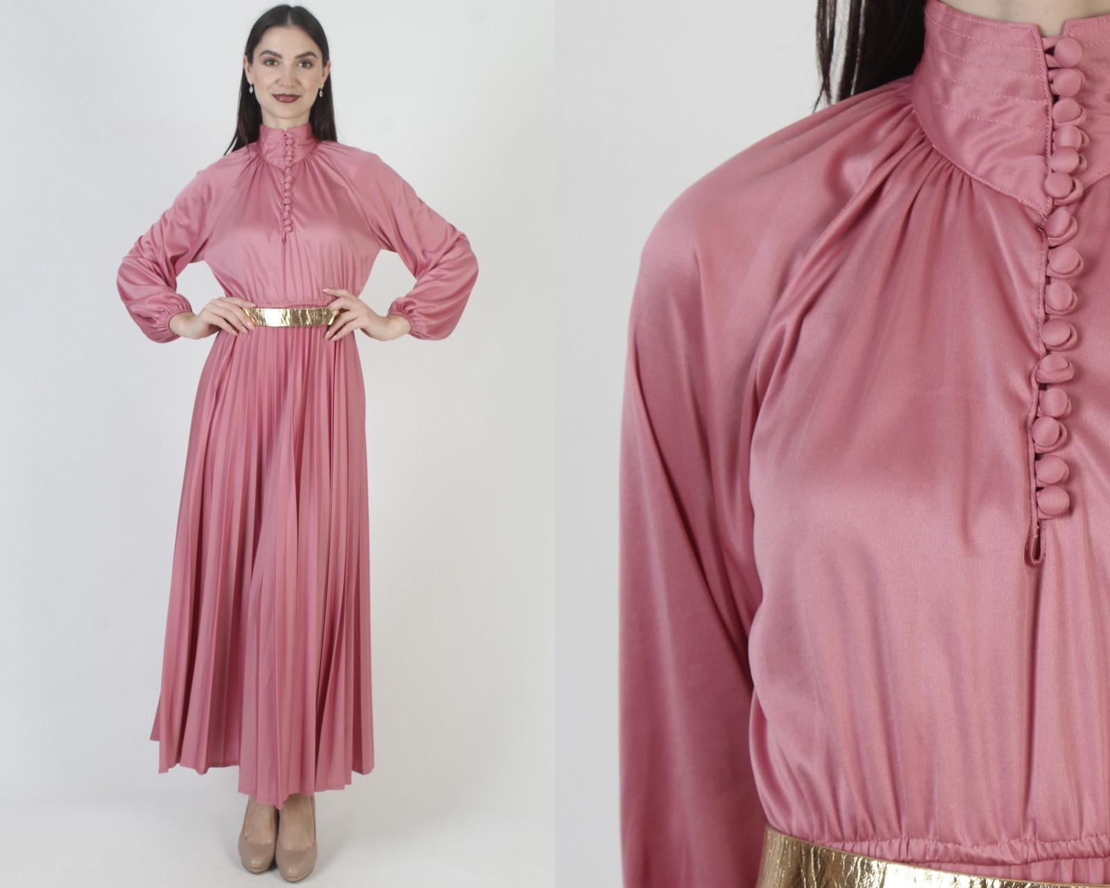 Vtg Pink Grecian Goddess Dress Disco Party Ancient Roman Toga Lounge Maxi Gown
