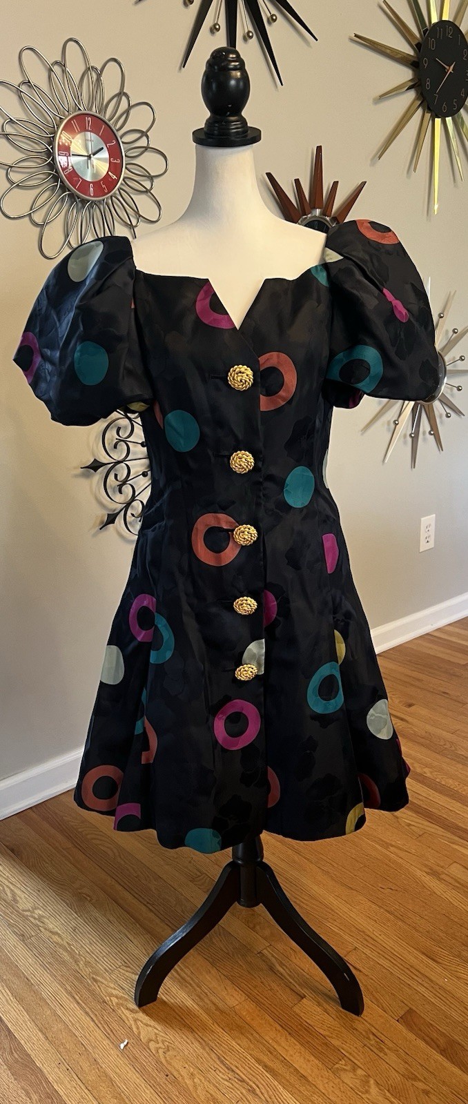 VTG Constance Saunders Size 8 1980s Silk Party Dress Pouf Sleeve Gold Buttons
