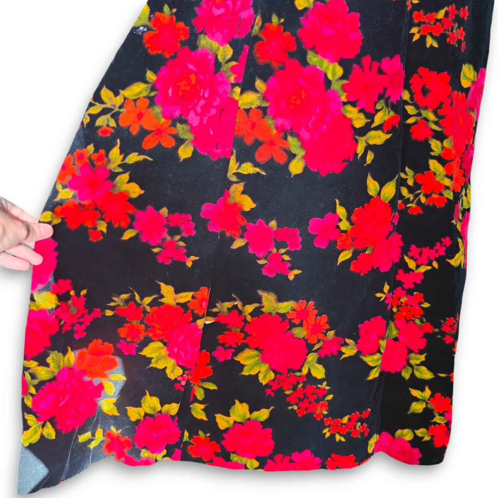 Vintage Black Velvet Vibrant Floral Dress Romantic Victorian Gothic 1950s