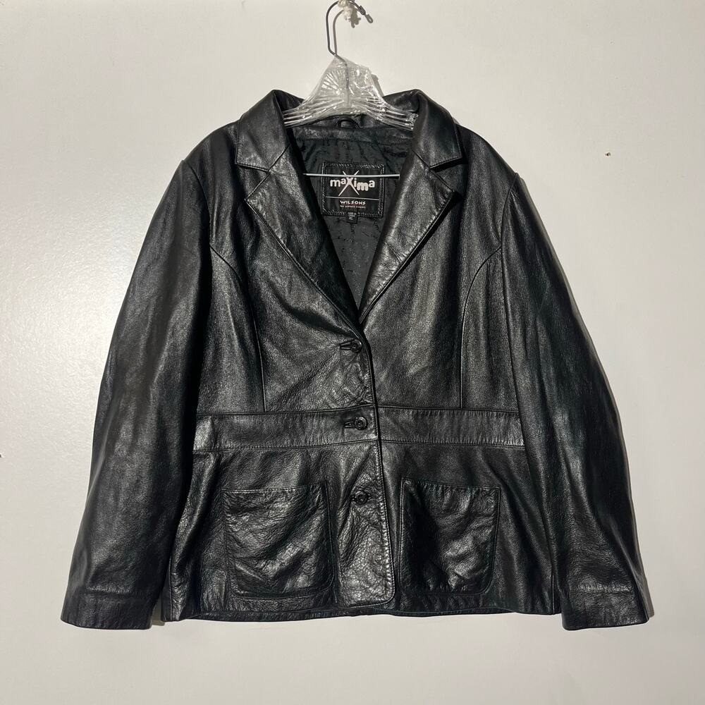 Vintage 90s Wilsons Leather Maxima Black Leather Jacket Button Front Womans XL