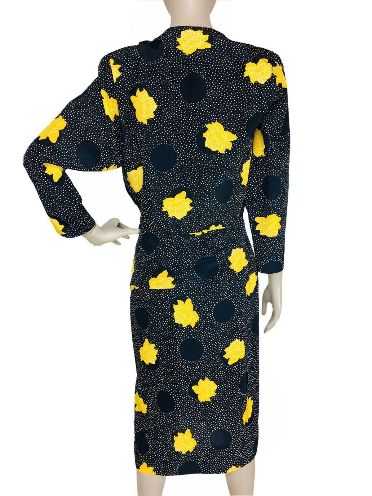 Vintage 60s 70s Black Yellow Floral Circle Polka Dot Surplice Sheath Dress S.M