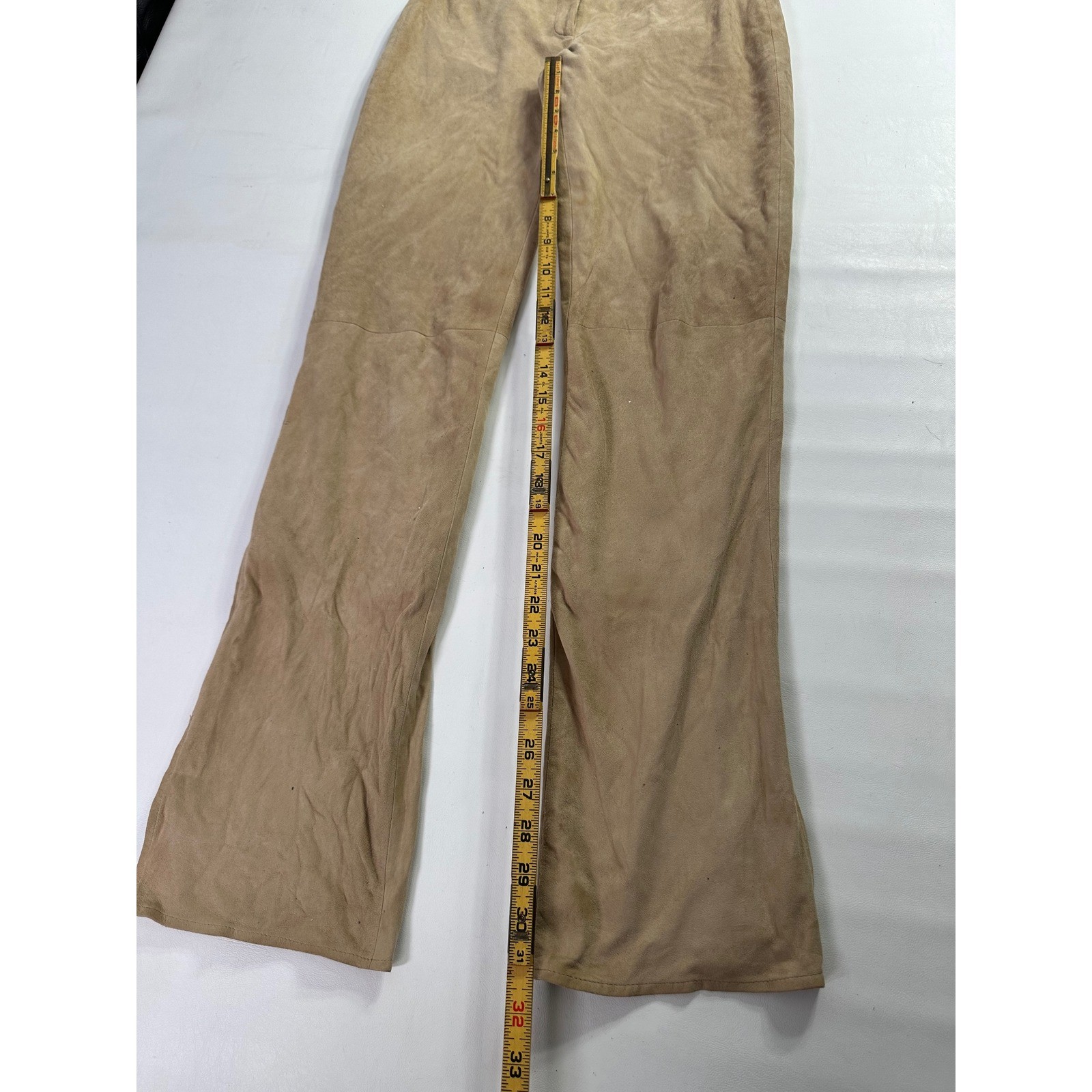Cache Vintage Tan 100% Goat Suede Studded Rhinestone Straight Leg Pants Size 2
