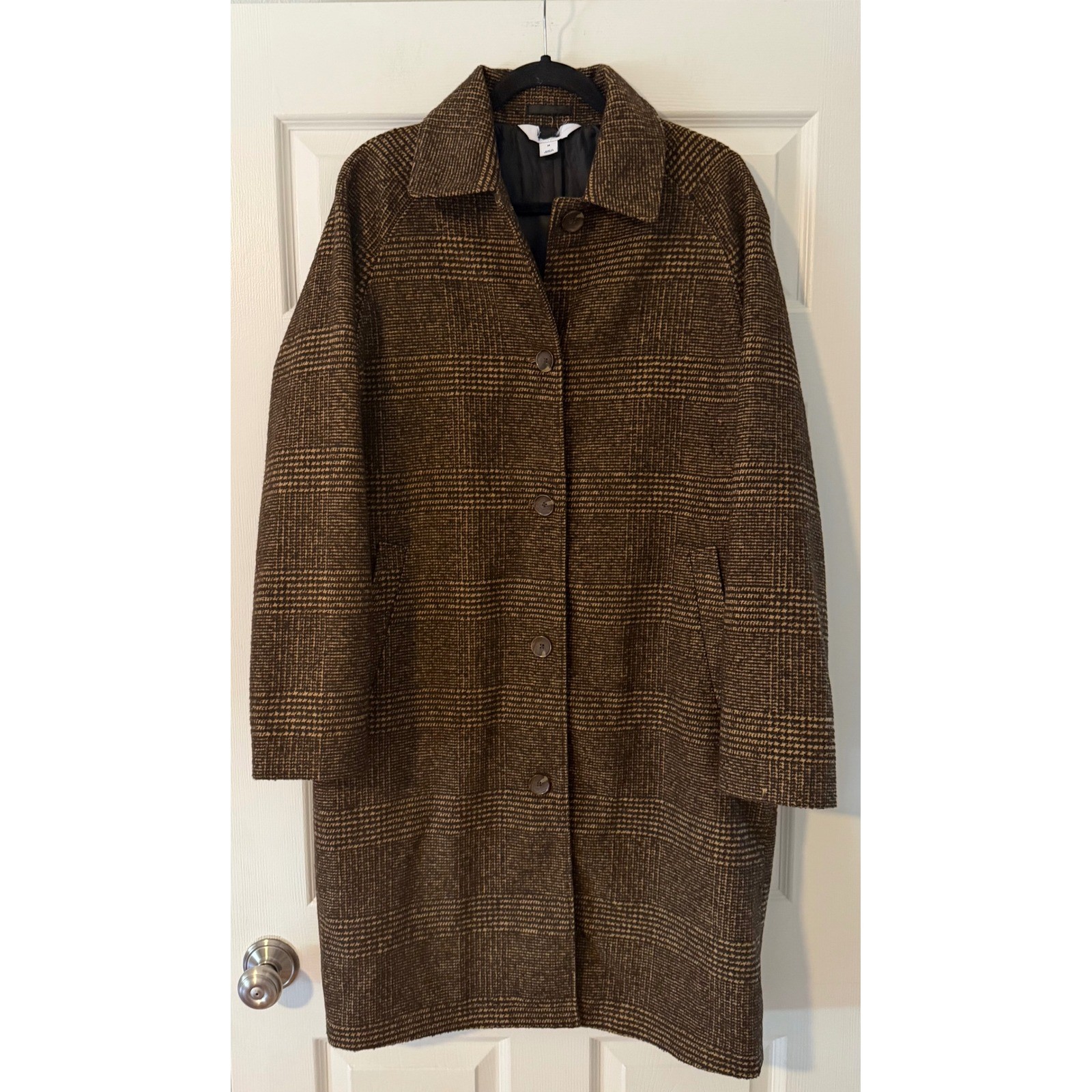 Old Navy Brown Plaid Car Coat Glen Plaid Button Front Women’s M Long Preppy NWOT