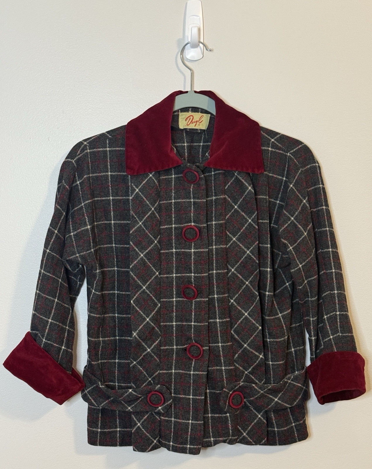 Vintage 40s/50s Daryl Wool Plaid Button Blazer Velvet Collar & Cuffs Sz 4 (S)