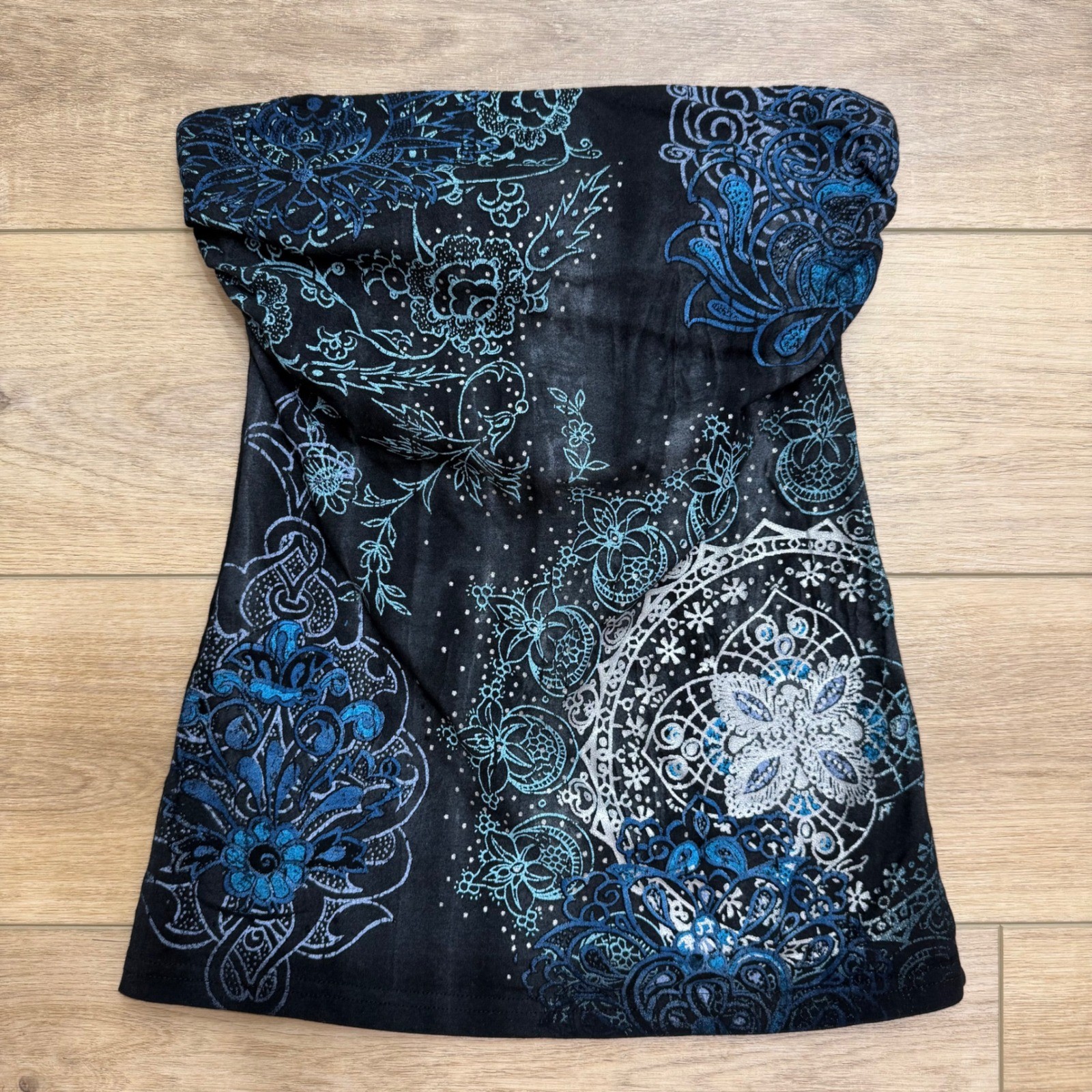 Vintage Fang Y2K Grunge Whimsigoth Mandala Tube Top Built In Bra Black Blue