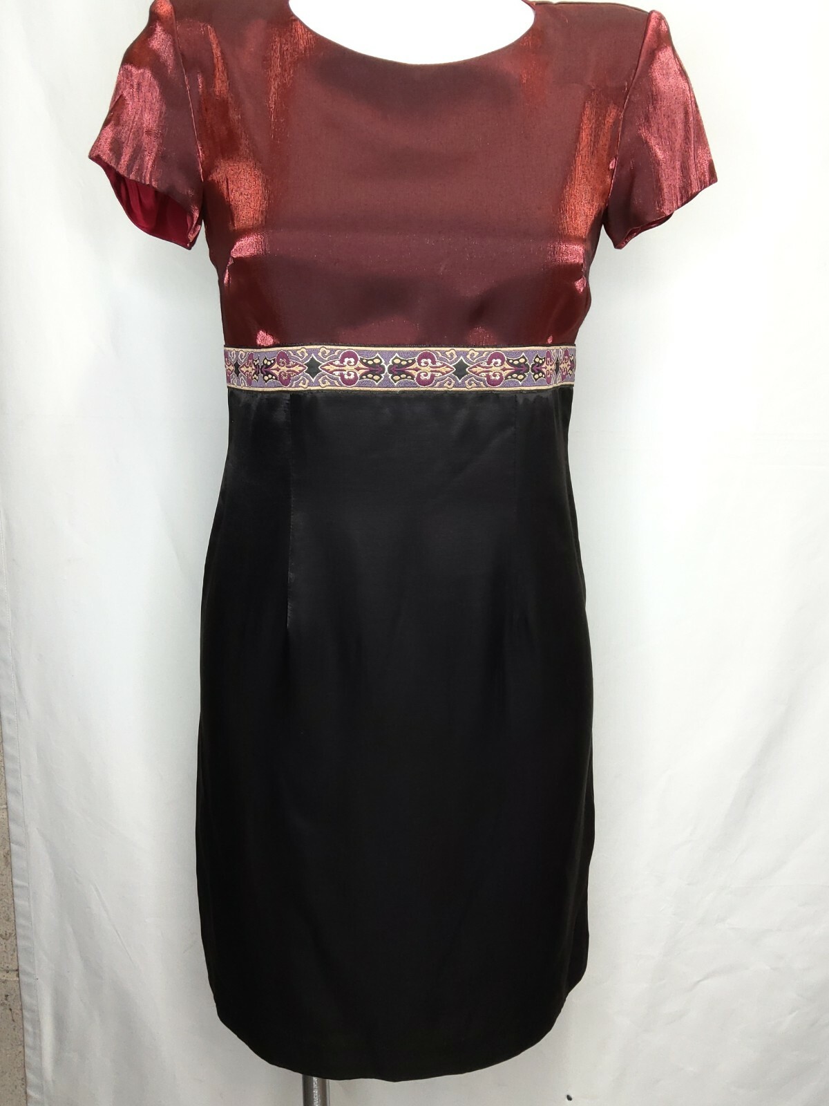 Vintage Taurus II Shimmery Rose Black Empire Waist Lined Dress Size 8 Petite