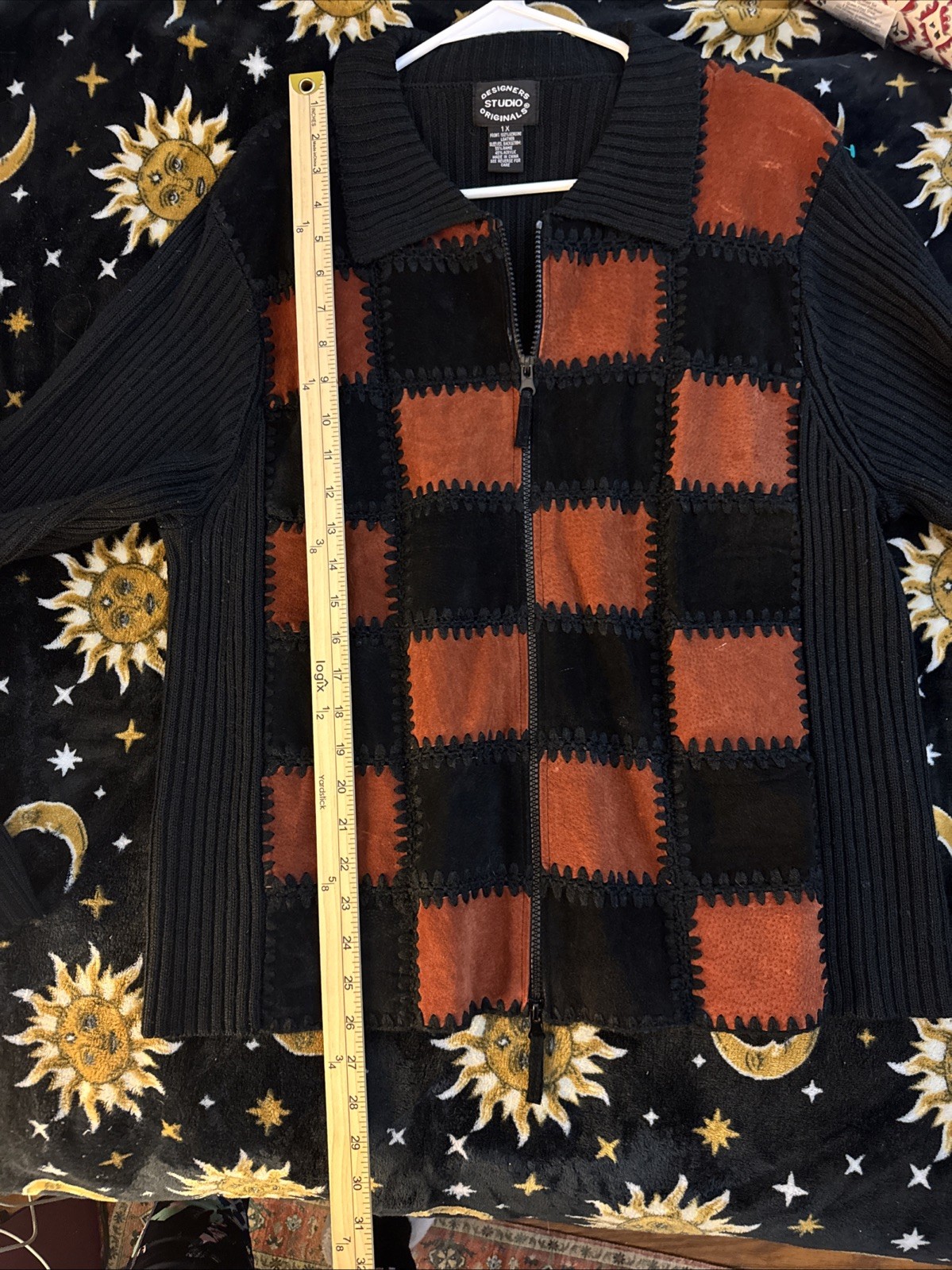 Vintage Designers Originals 1X Leather Patchwork Ribbed Sweater Zipper Retro Y2K