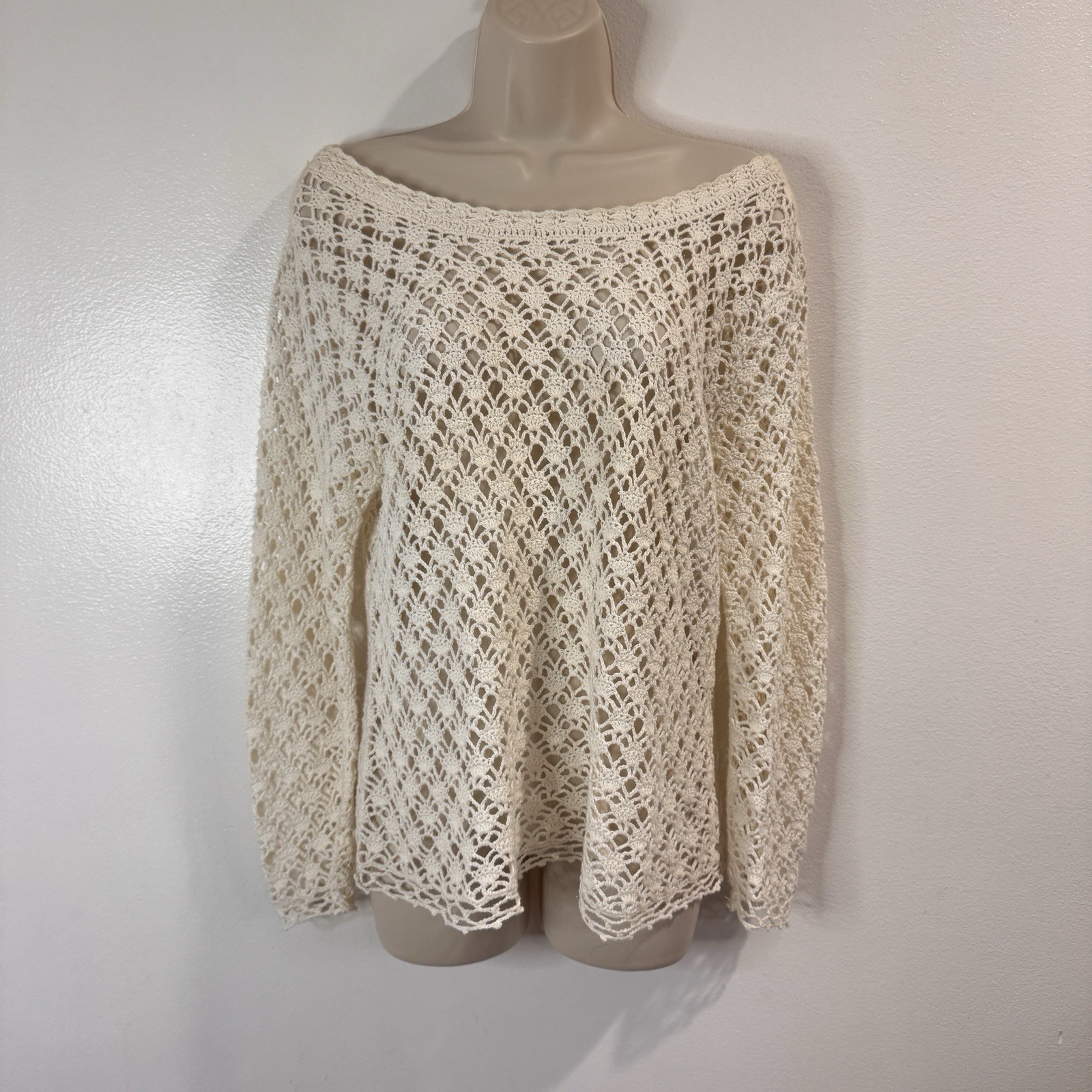 Vintage 90s Y2K Tiara Shirt S Crochet Lace Open Knit Off Shoulder White Boho
