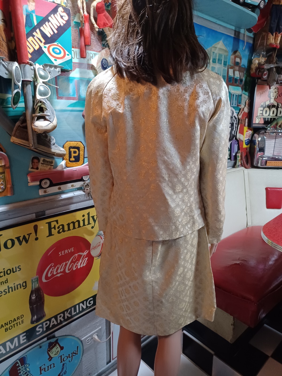 True VTG 1960s Mid-century Gold Brocade Dress Jacket Set Jackie Kennedy S/M MCM