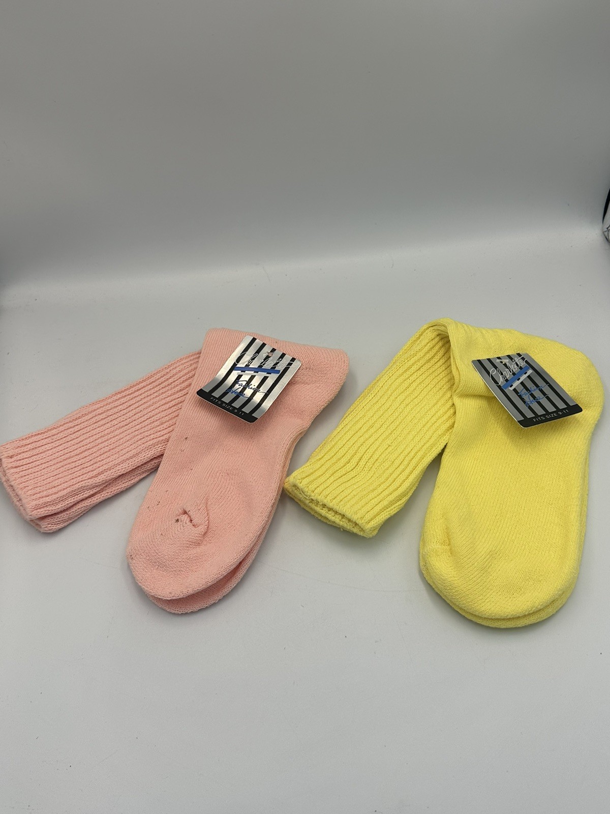 2 Vintage 1980s-1990s Slouch Socks Pink Yellow USA 100% Cotton New